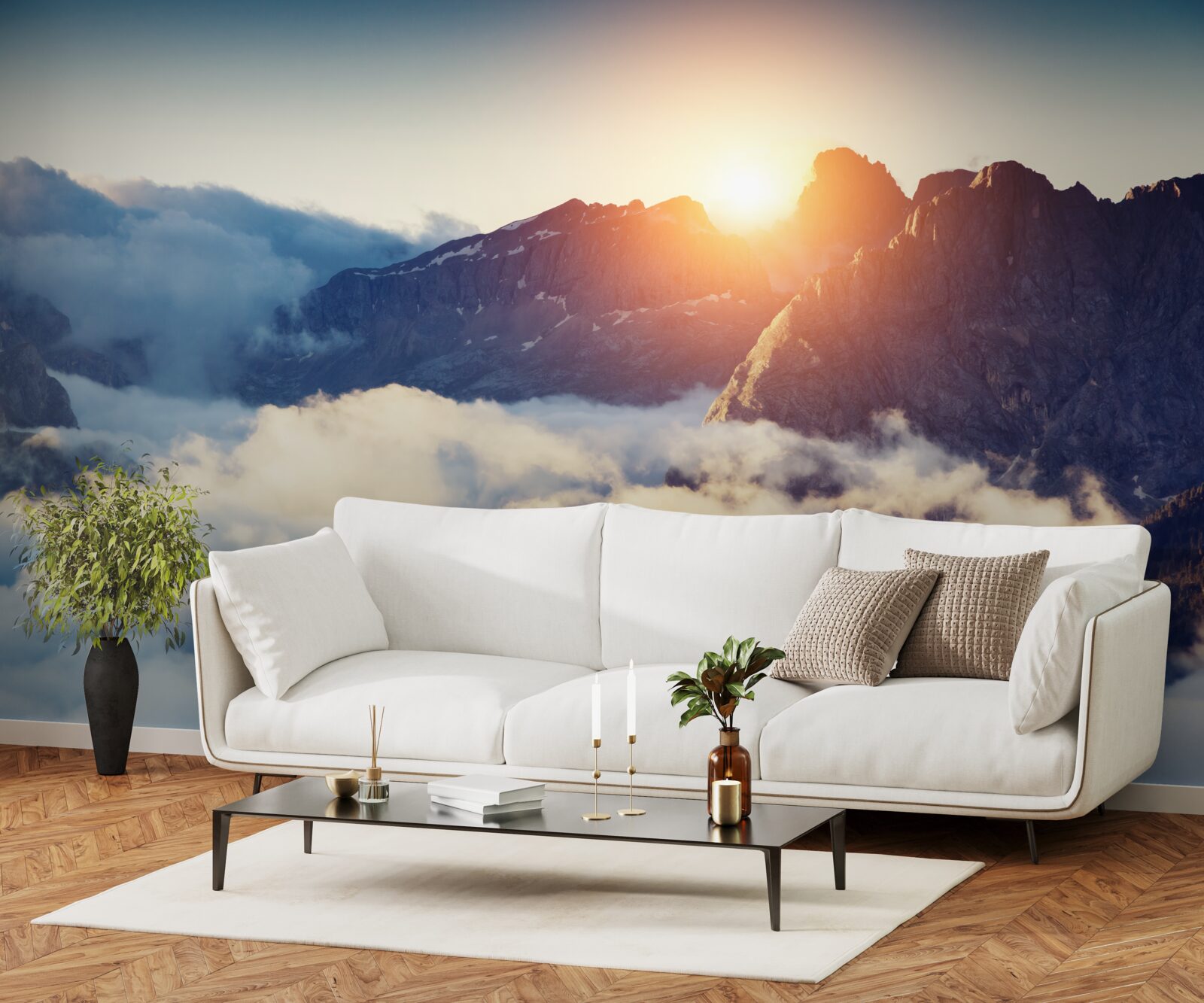 Papier peint coucher de soleil dans un paysage montagneux