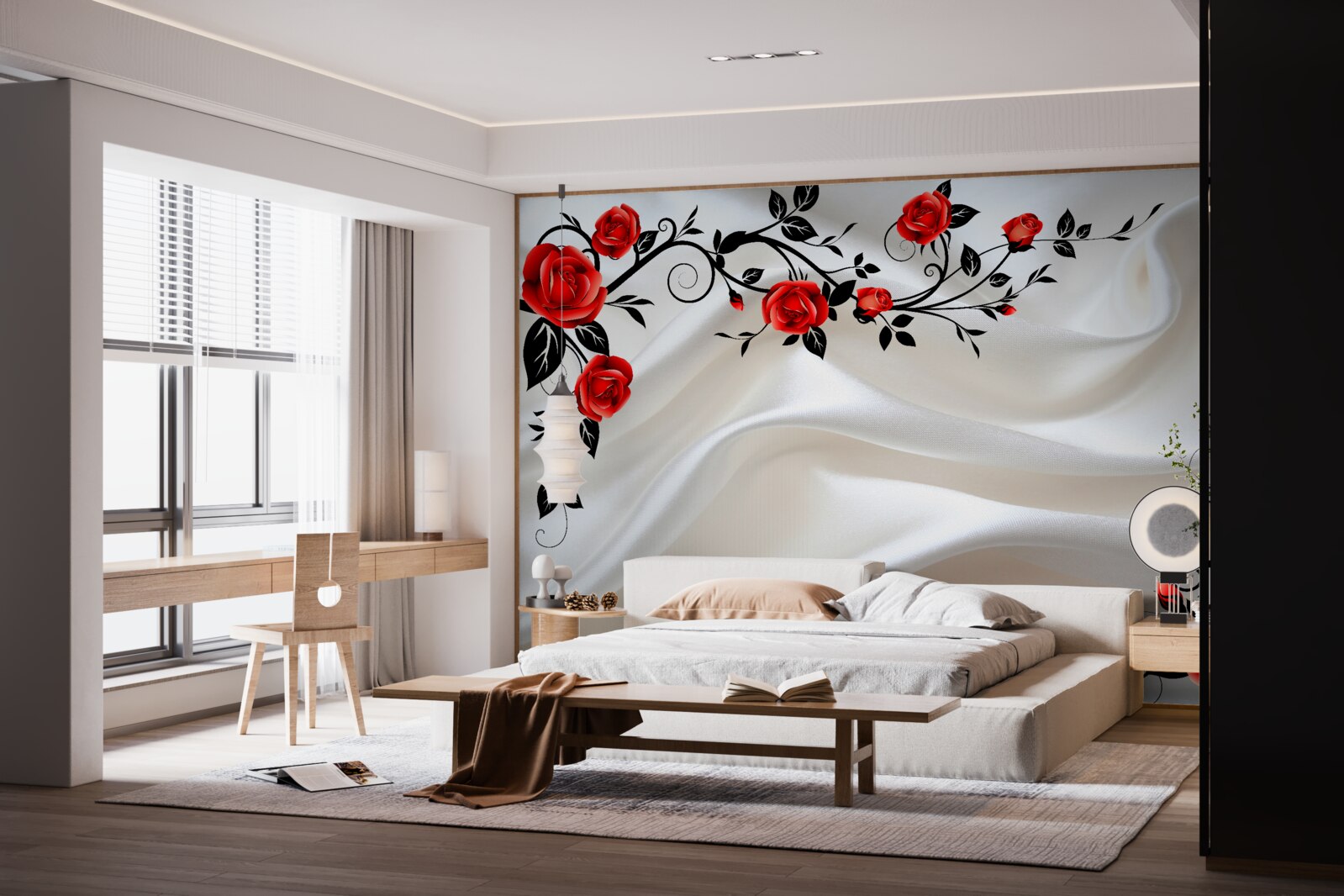 Papier peint le satin est décoré de roses