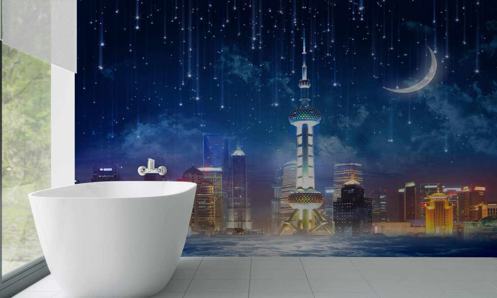 Papier peint meubles bleus et violets