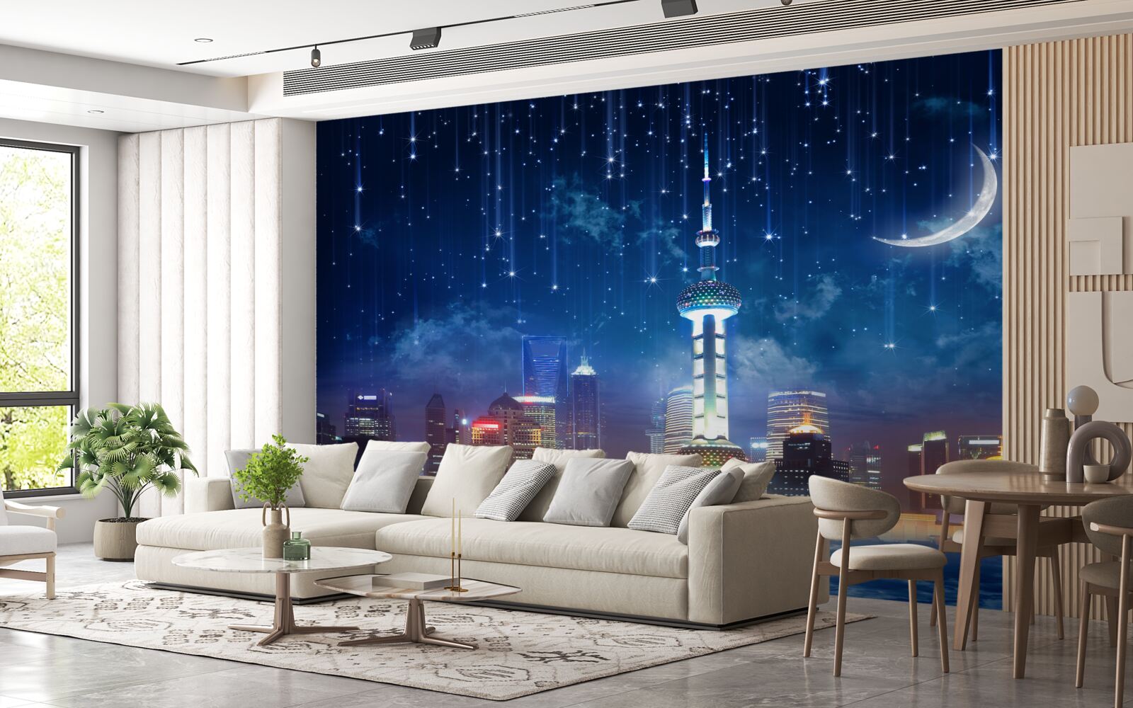 Papier peint meubles bleus et violets