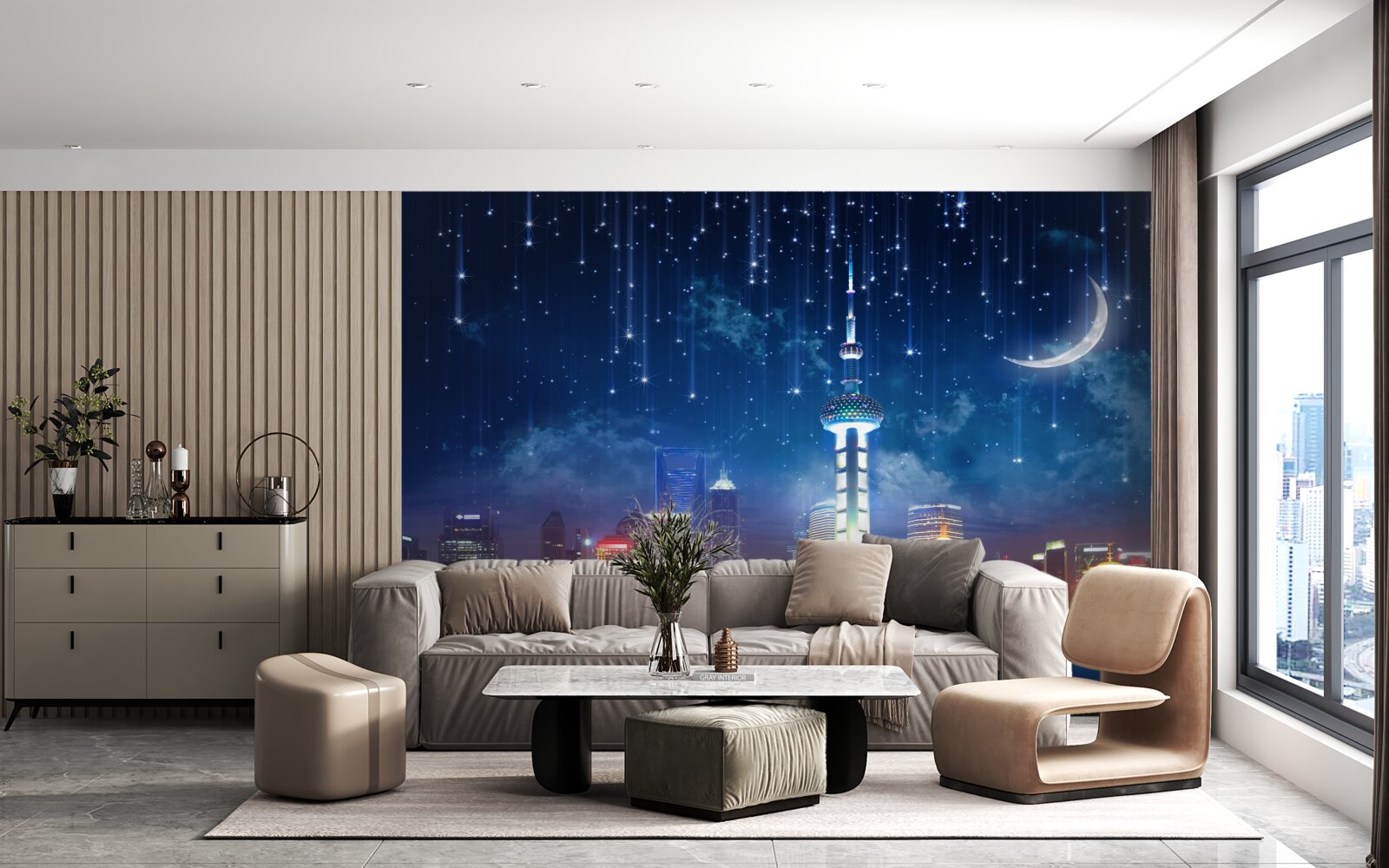 Papier peint meubles bleus et violets