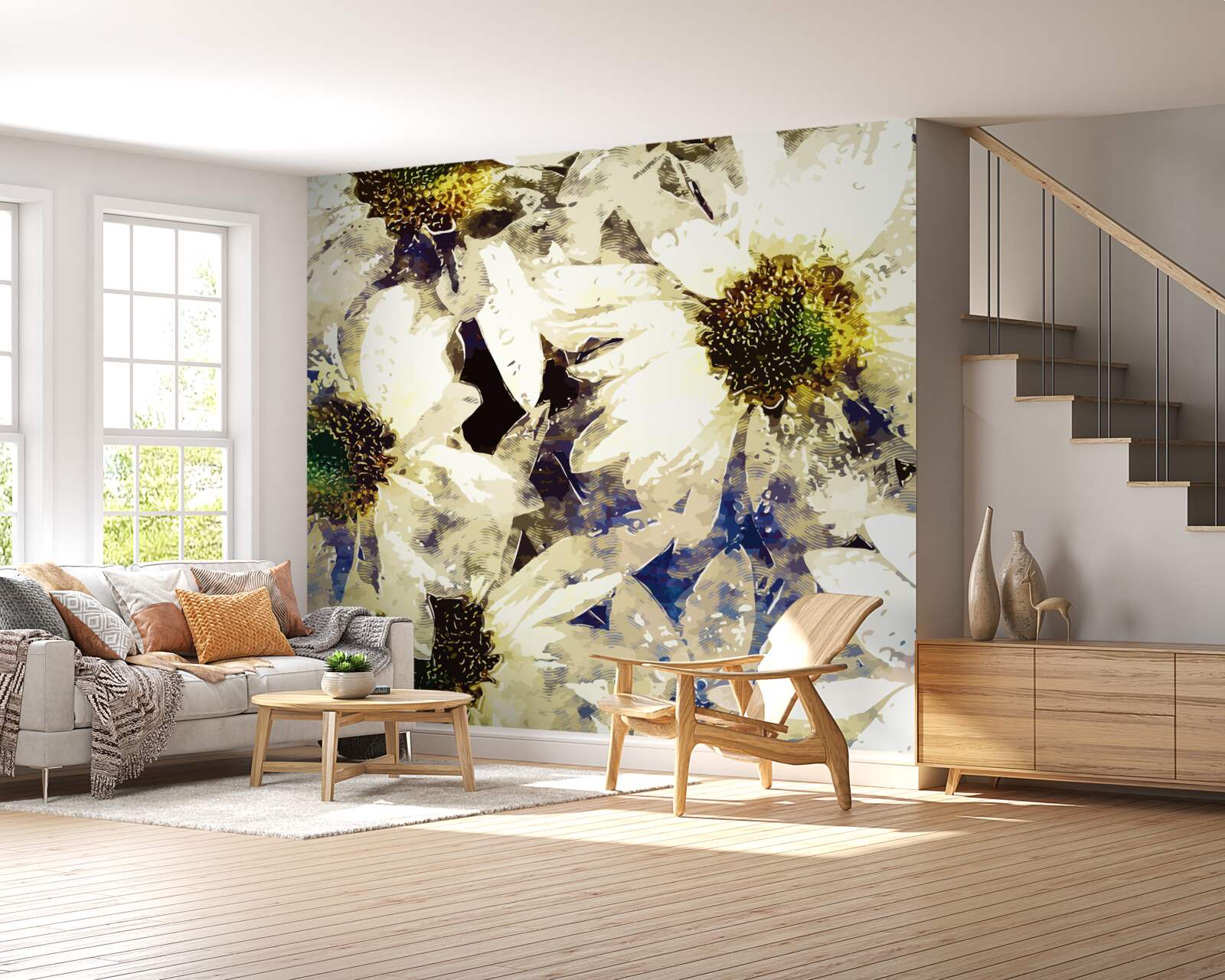 Papier peint aquarelle représentant des marguerites blanches