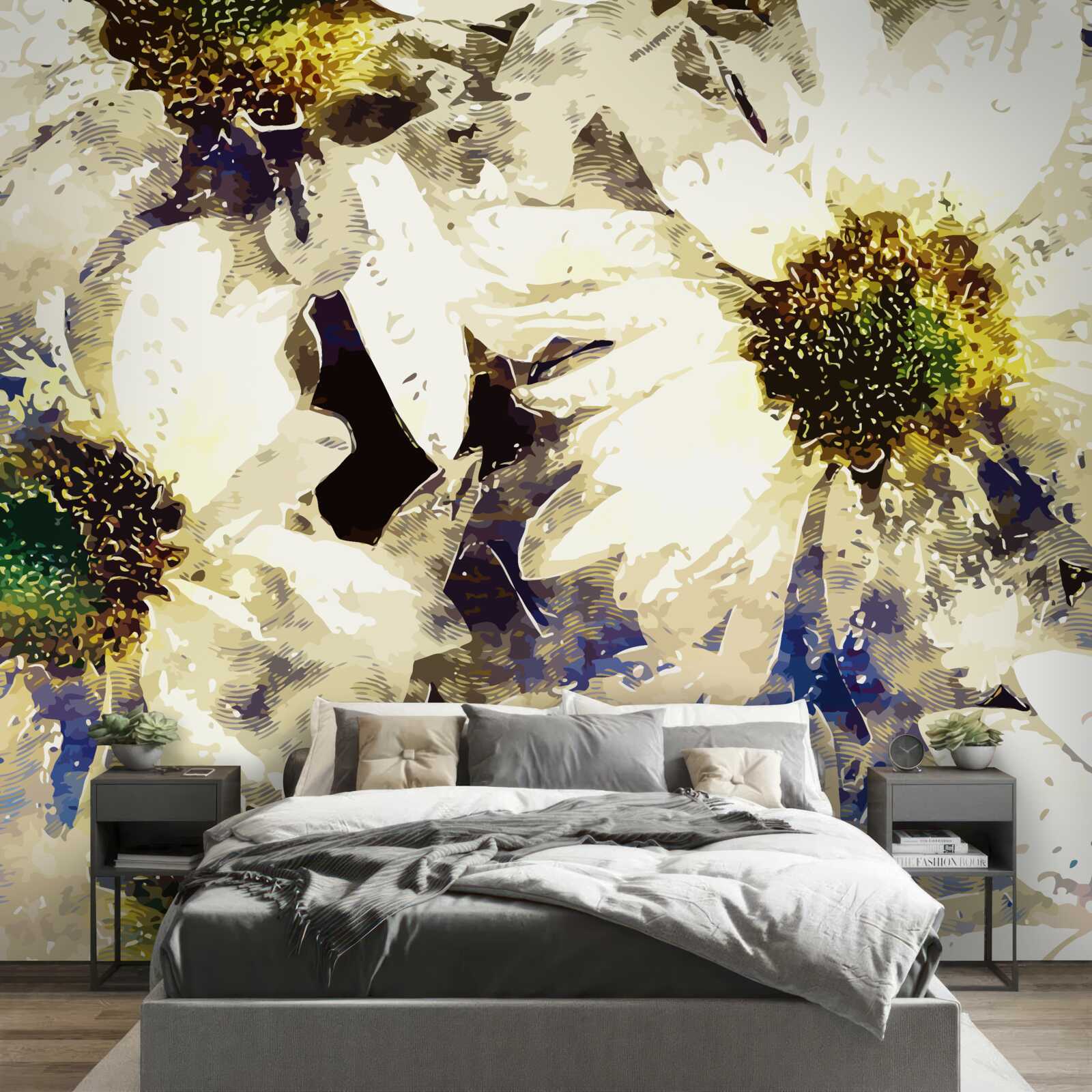 Papier peint aquarelle représentant des marguerites blanches