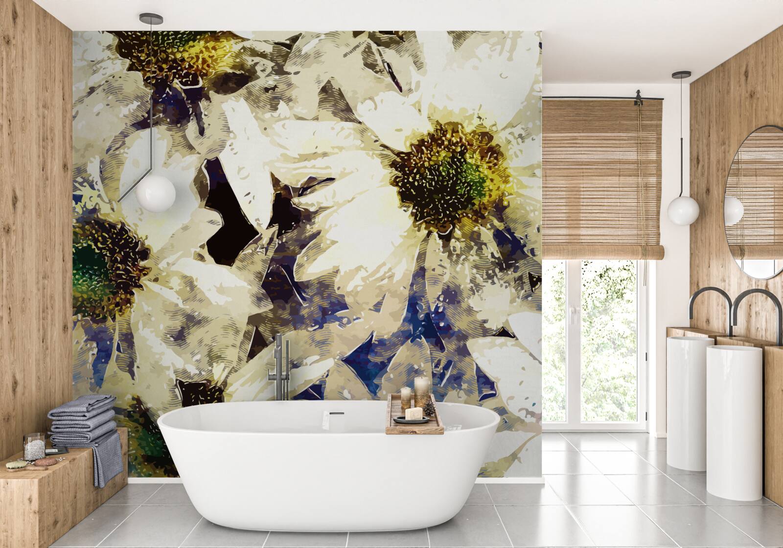 Papier peint aquarelle représentant des marguerites blanches