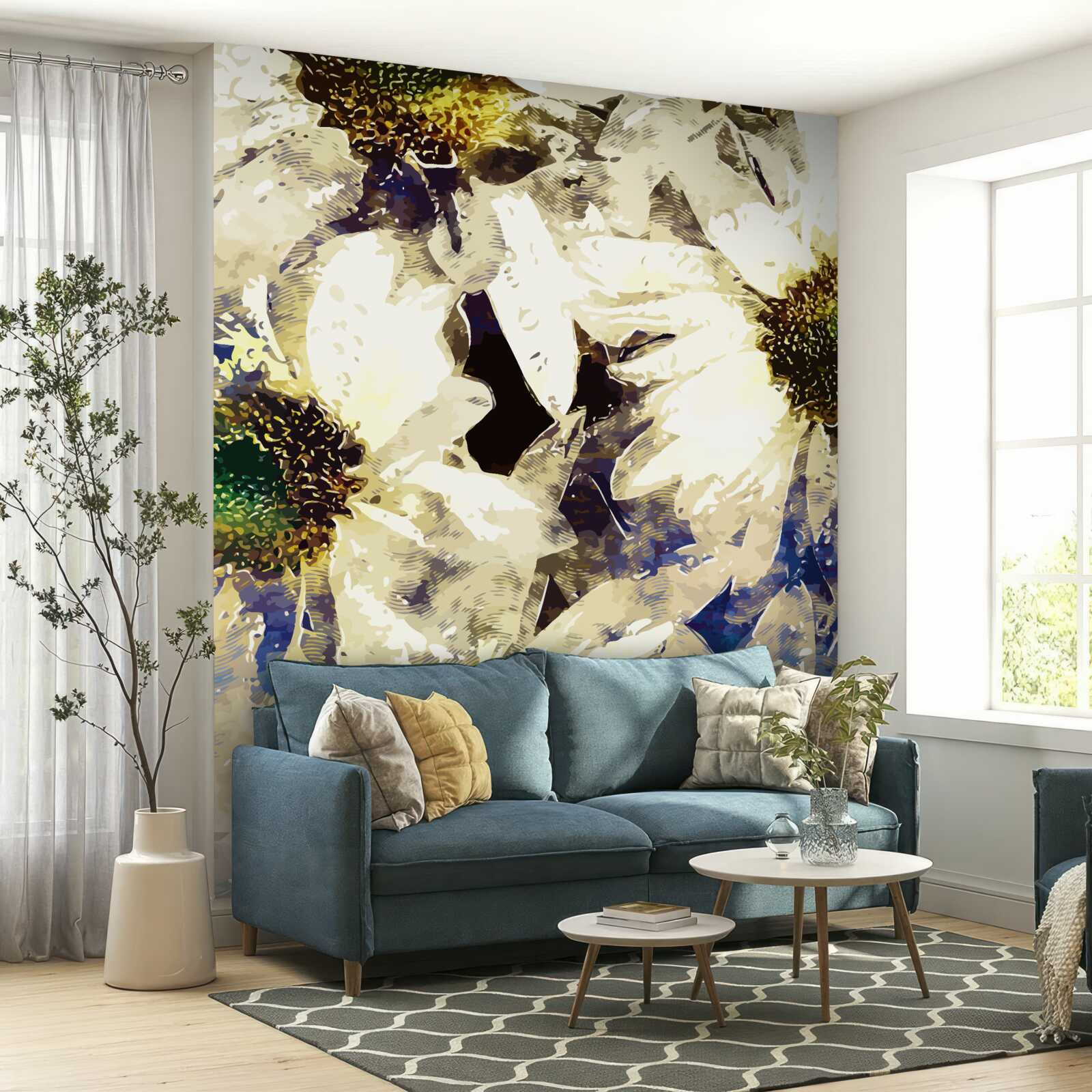 Papier peint aquarelle représentant des marguerites blanches