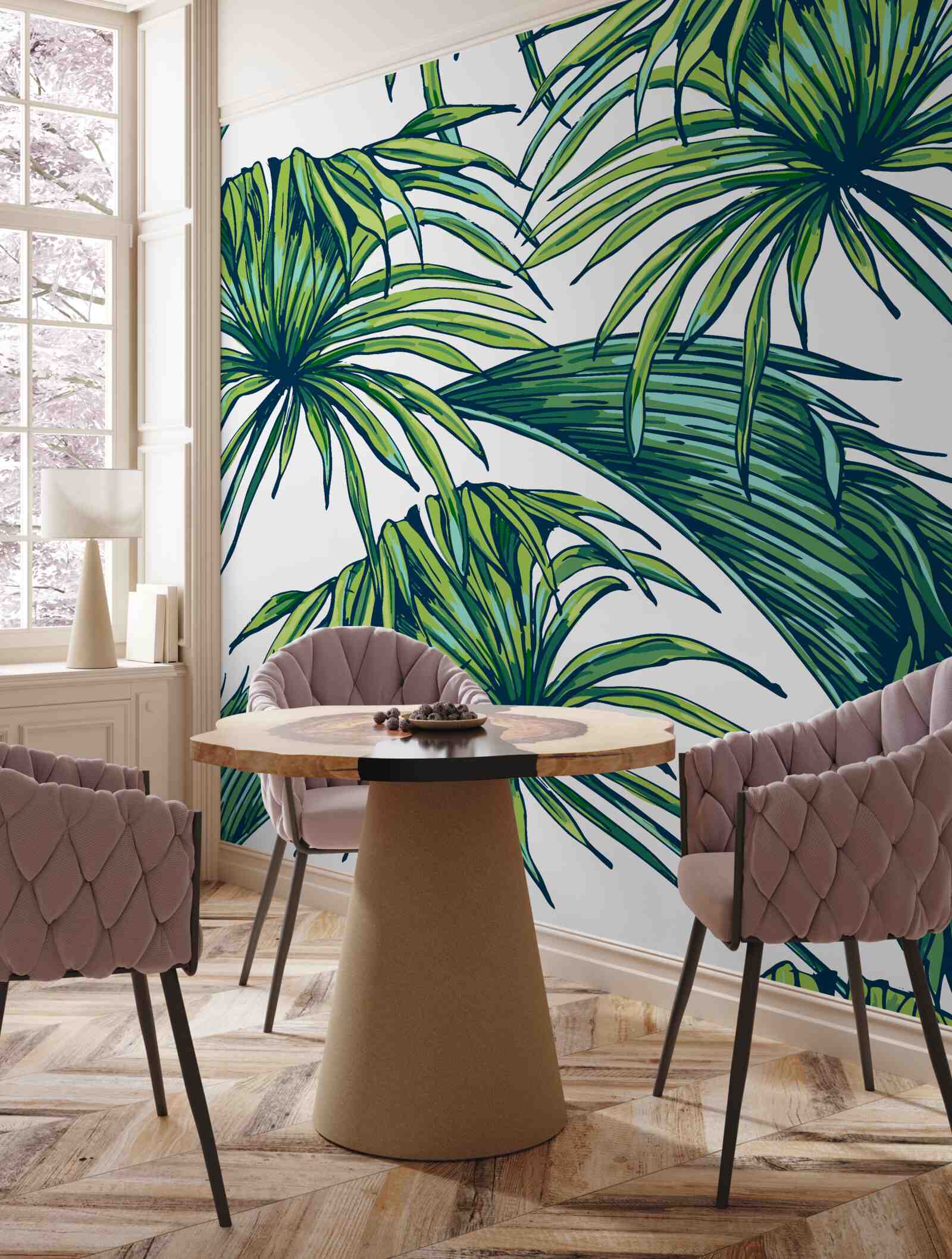 Papier peint des palmiers verts sur une surface blanche comme neige