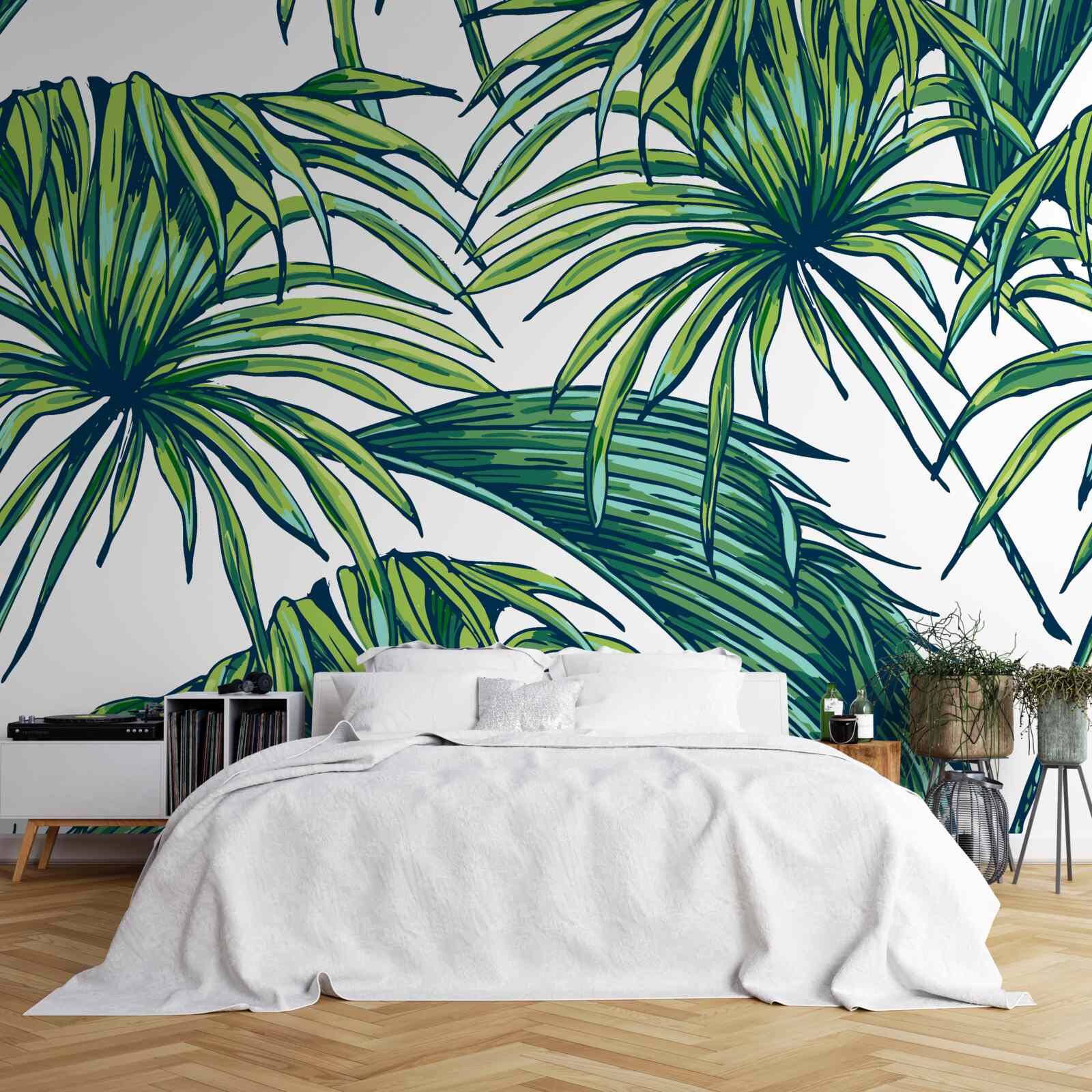 Papier peint des palmiers verts sur une surface blanche comme neige