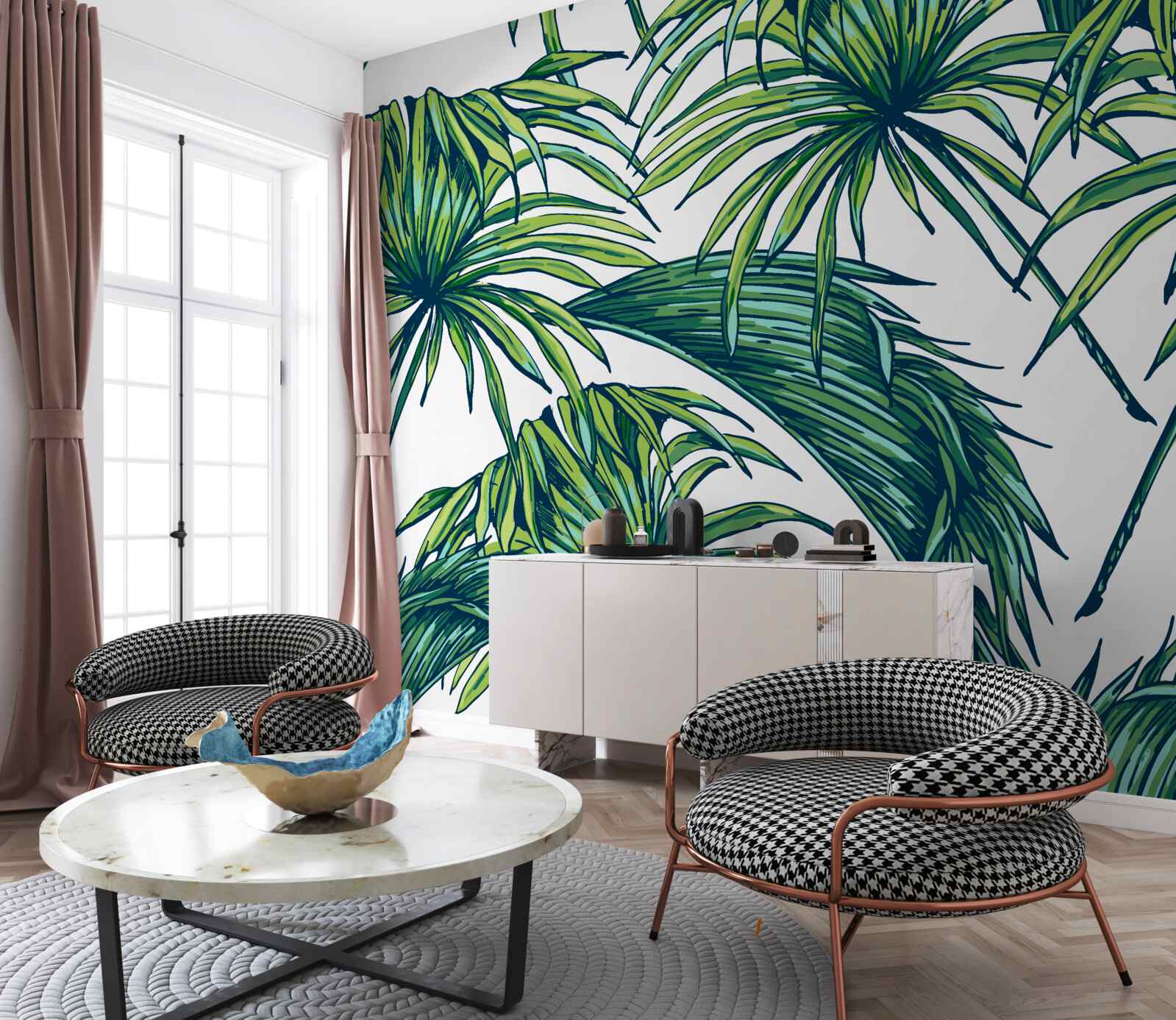 Papier peint des palmiers verts sur une surface blanche comme neige