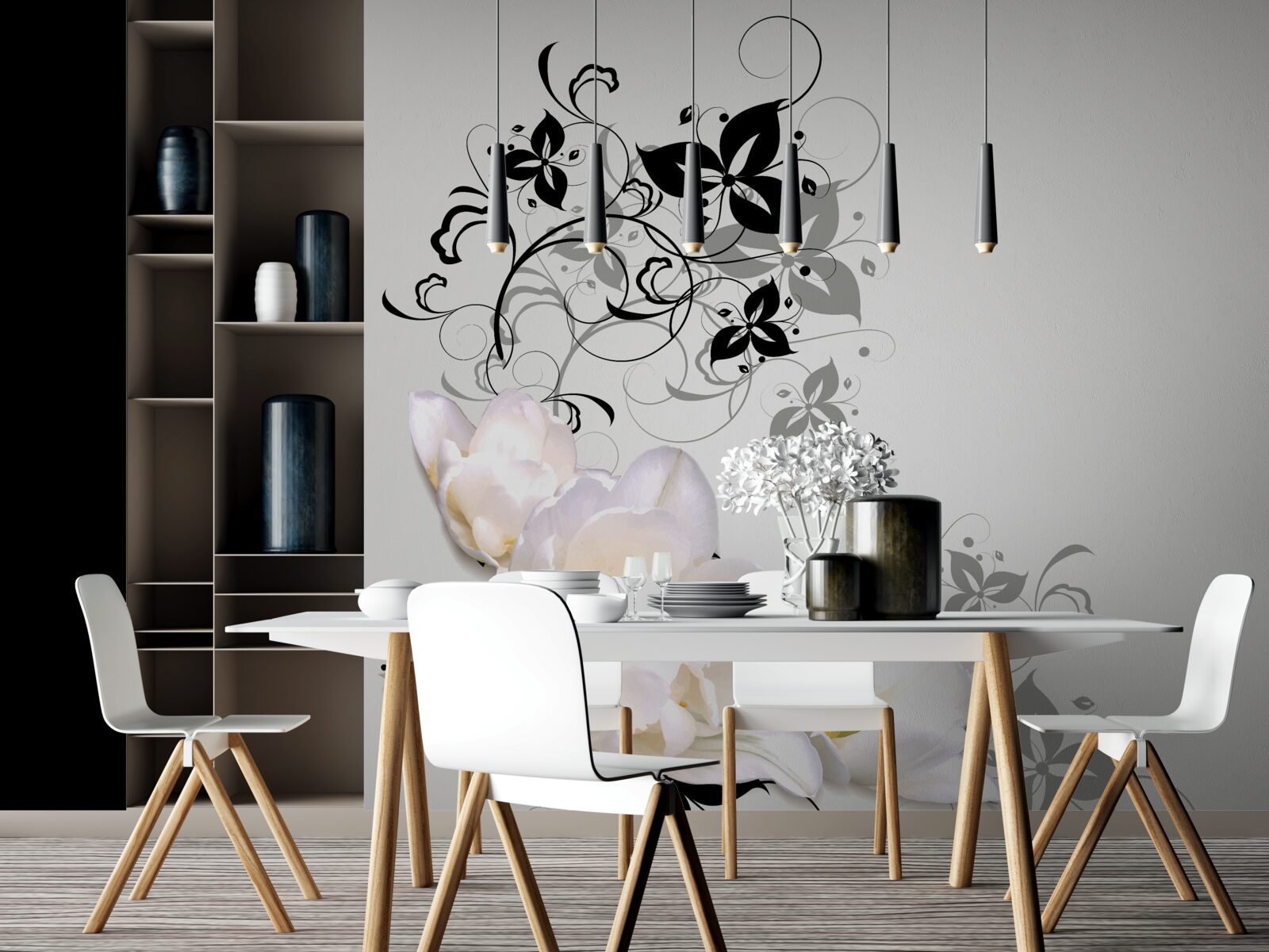 Papier peint un nénuphar aux feuilles sombres est représenté sur un fond gris