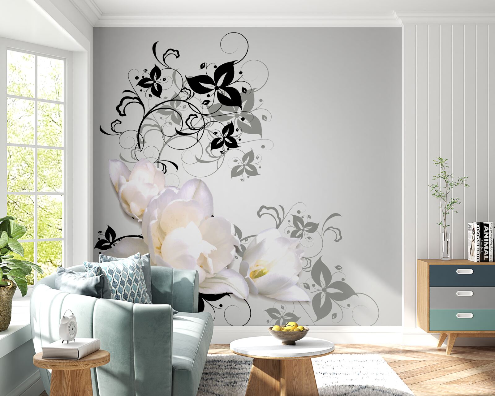 Papier peint un nénuphar aux feuilles sombres est représenté sur un fond gris