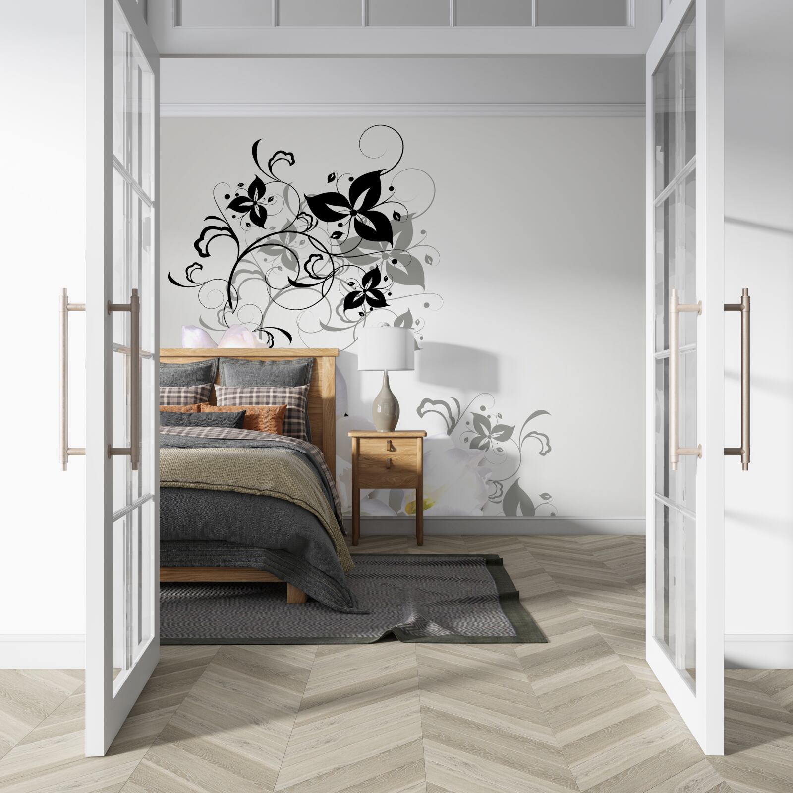 Papier peint un nénuphar aux feuilles sombres est représenté sur un fond gris