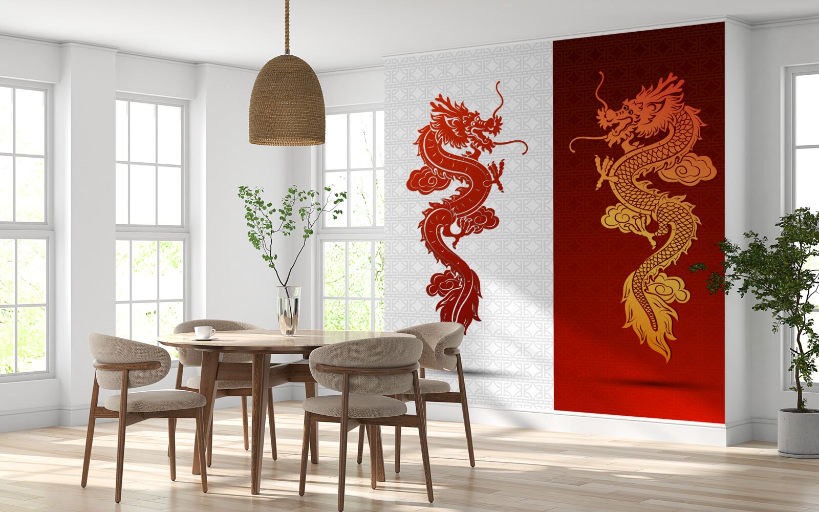 Papier peint image d'un dragon sur fond blanc et rouge