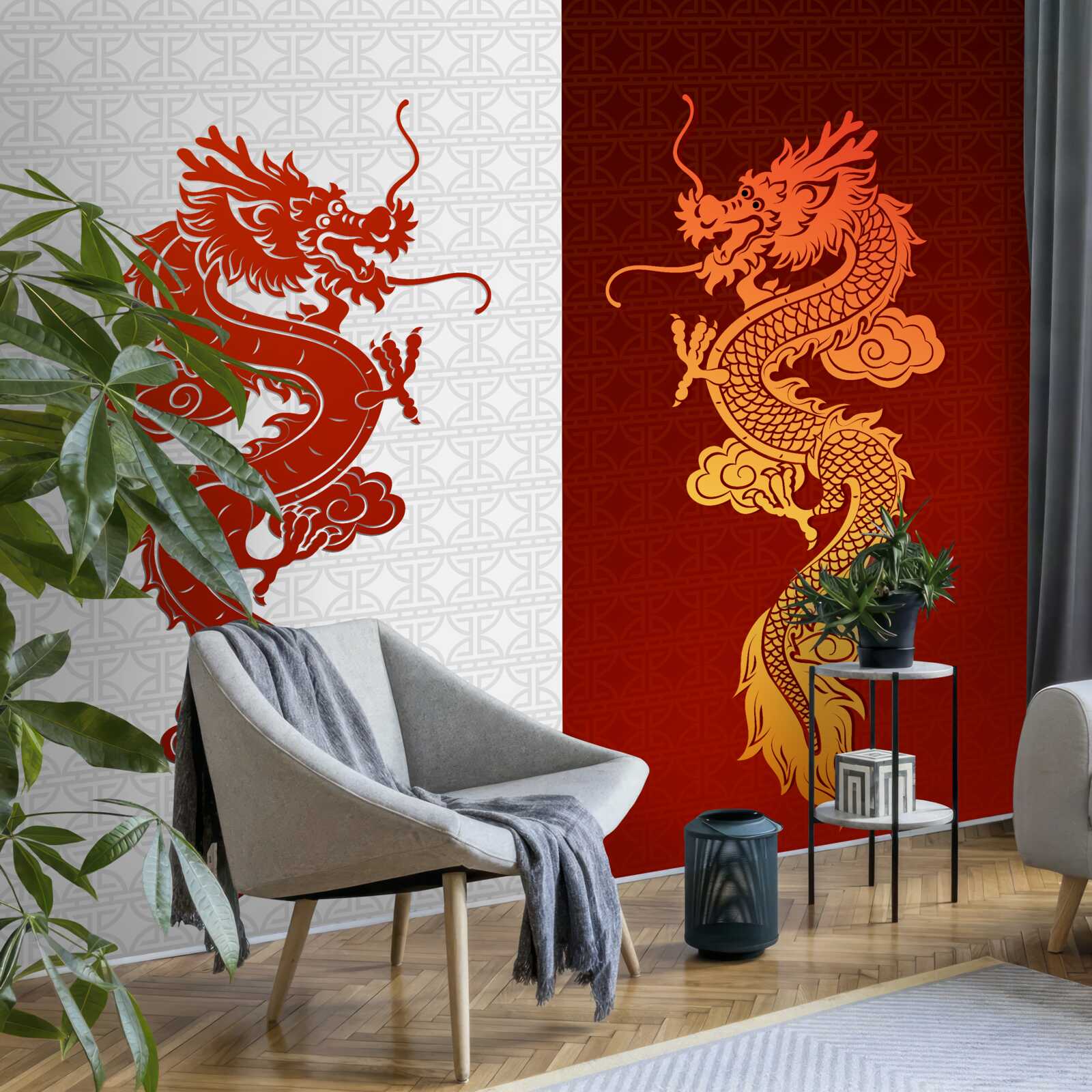 Papier peint image d'un dragon sur fond blanc et rouge