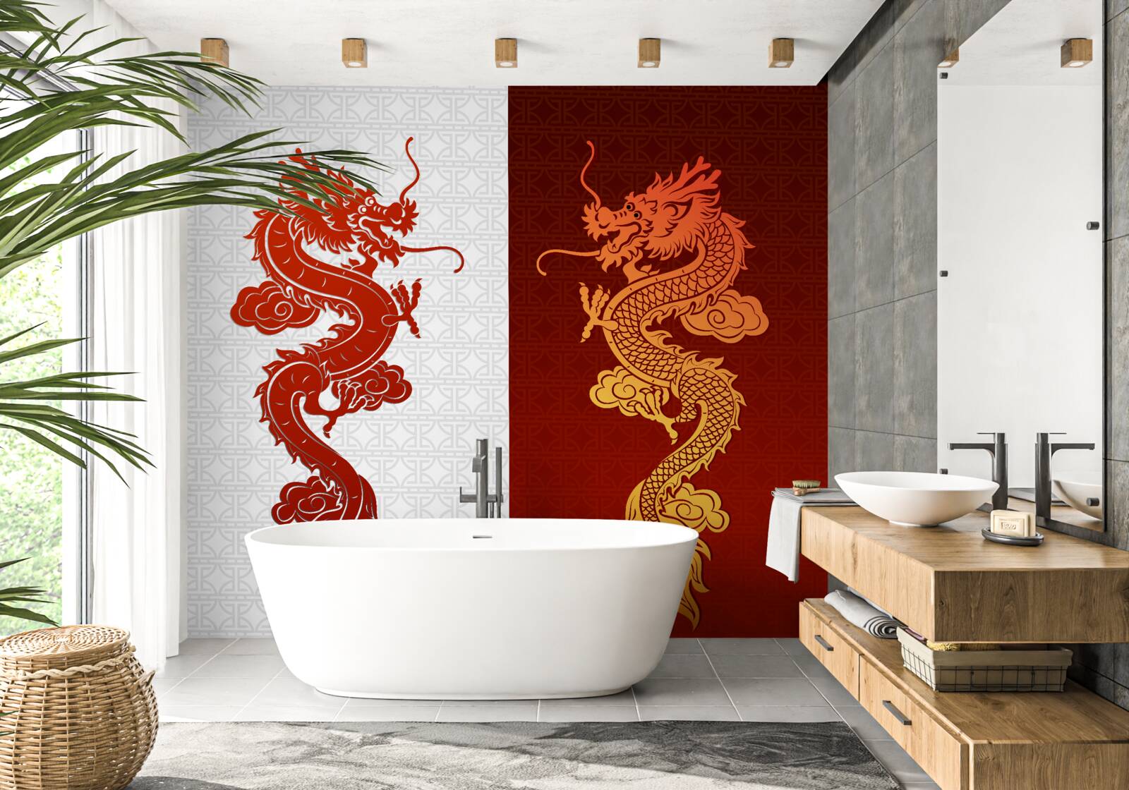 Papier peint image d'un dragon sur fond blanc et rouge