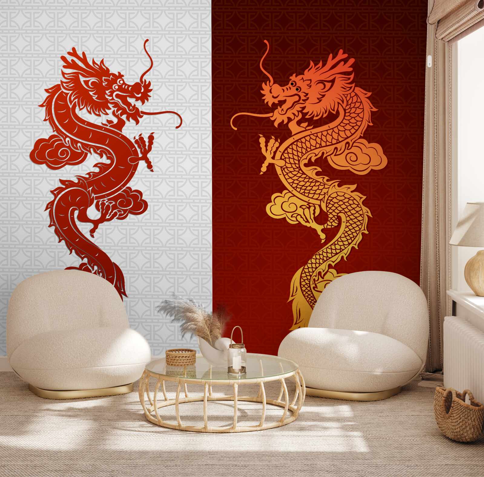 Papier peint image d'un dragon sur fond blanc et rouge