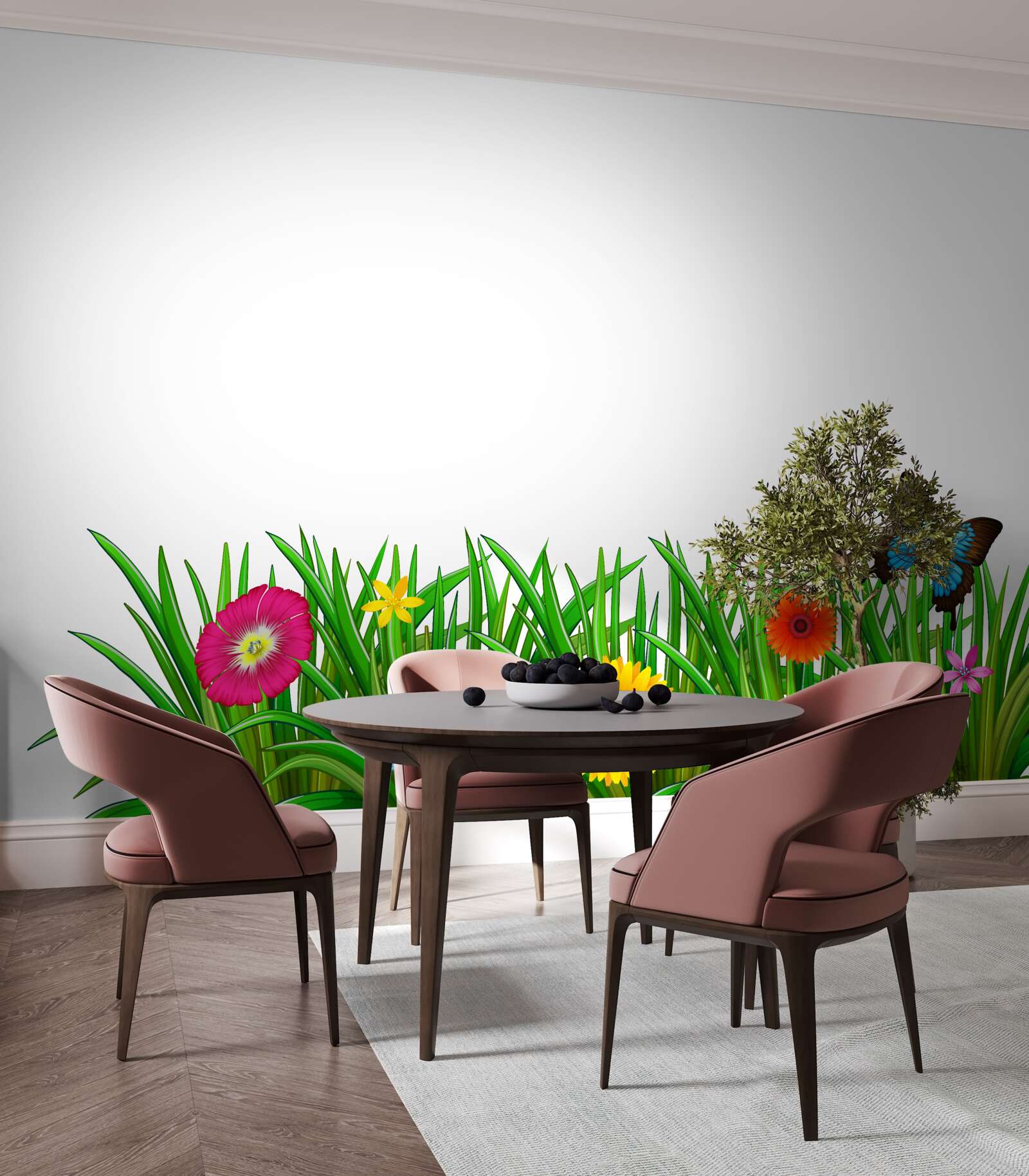 Papier peint papillon assis sur l'herbe avec des gerberas