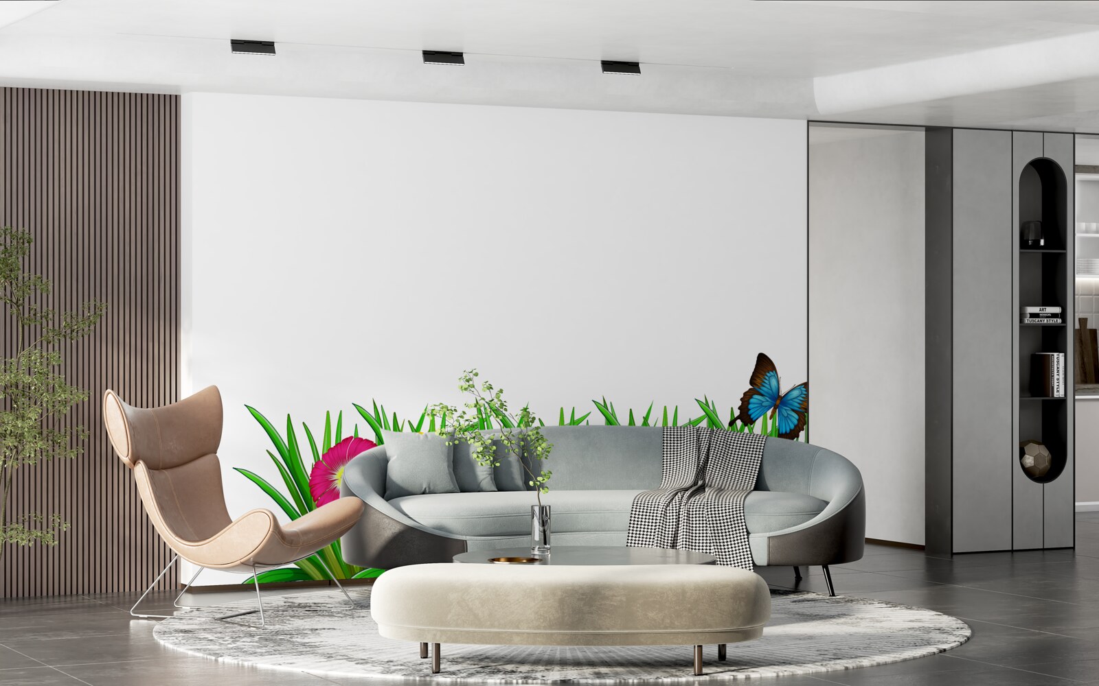 Papier peint papillon assis sur l'herbe avec des gerberas