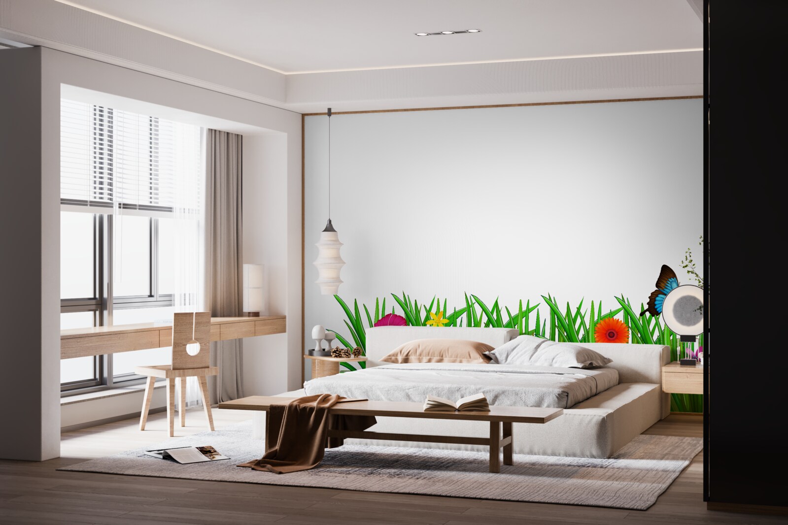 Papier peint papillon assis sur l'herbe avec des gerberas