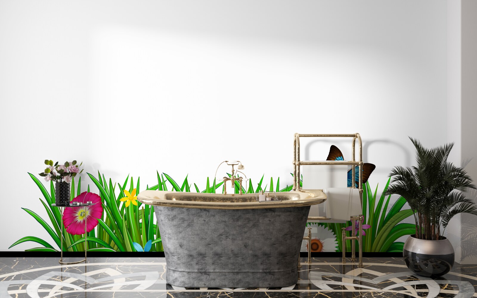 Papier peint papillon assis sur l'herbe avec des gerberas