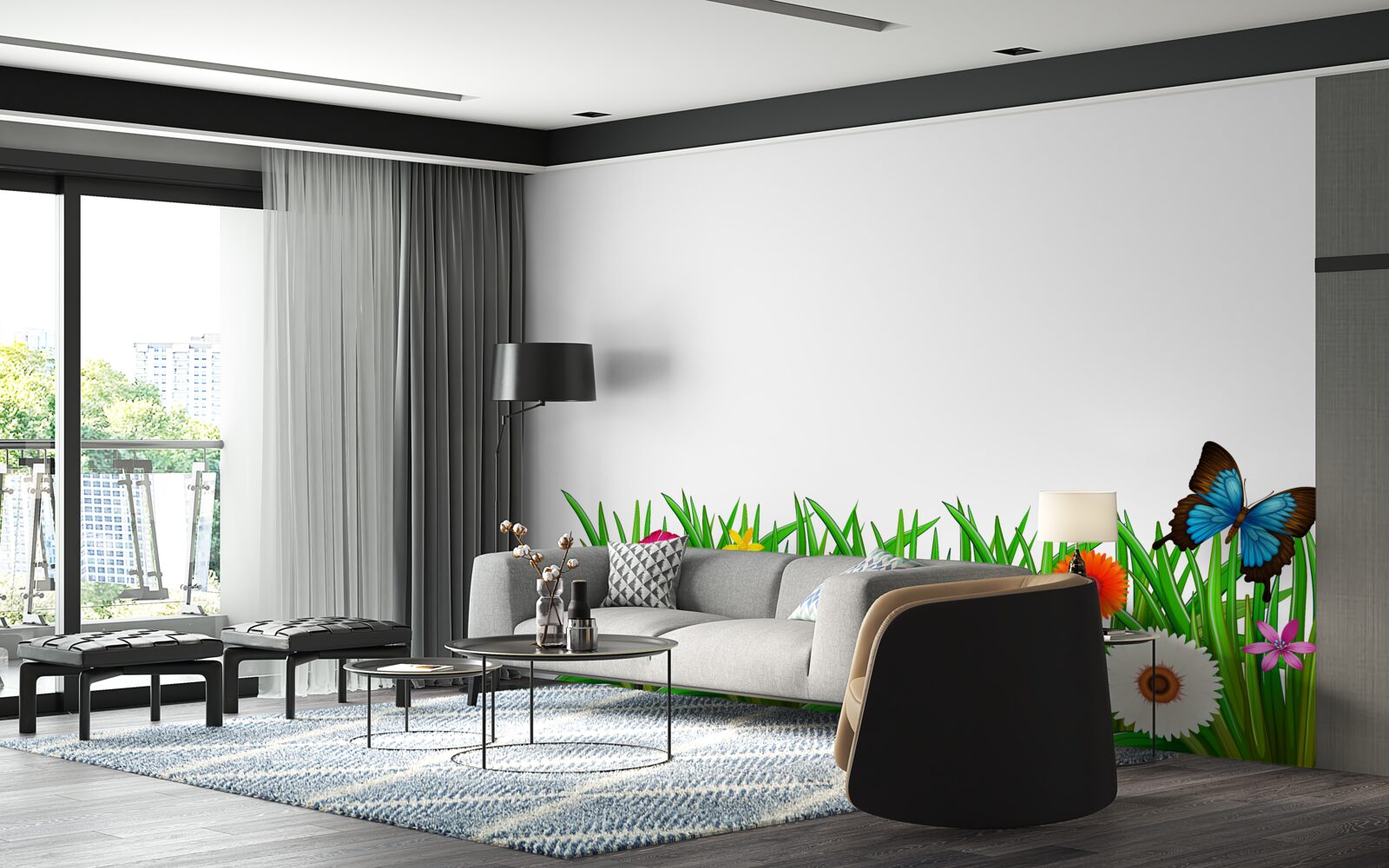 Papier peint papillon assis sur l'herbe avec des gerberas