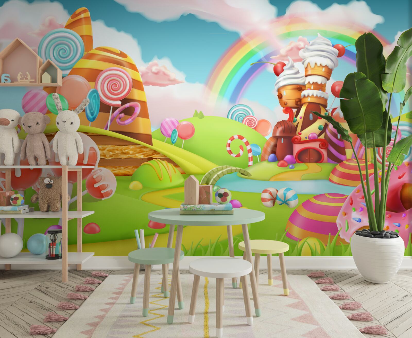 Papier peint une ville douce faite de sucreries et de gâteaux