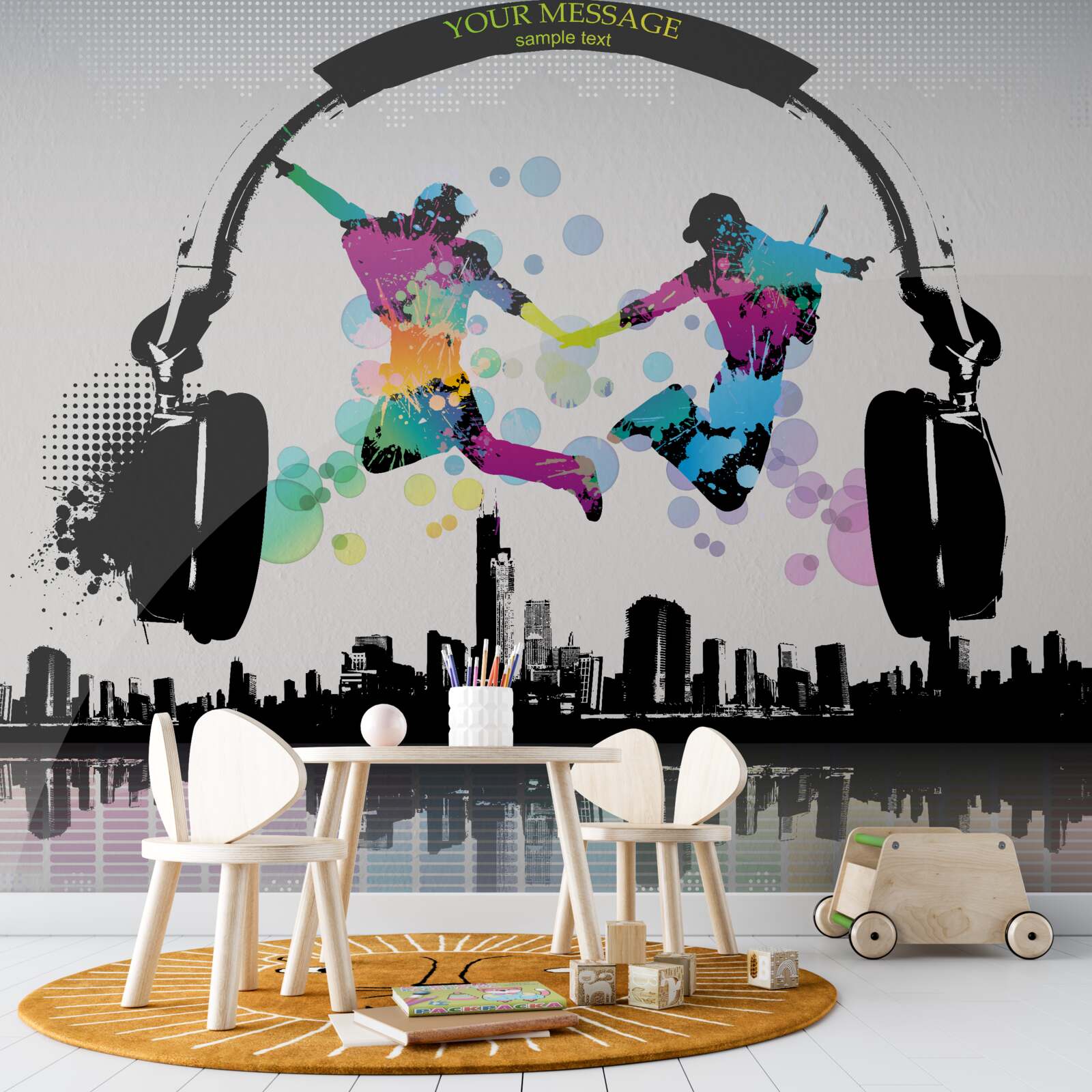 Papier peint deux danseurs sur fond de ville abstraite et d'écouteurs