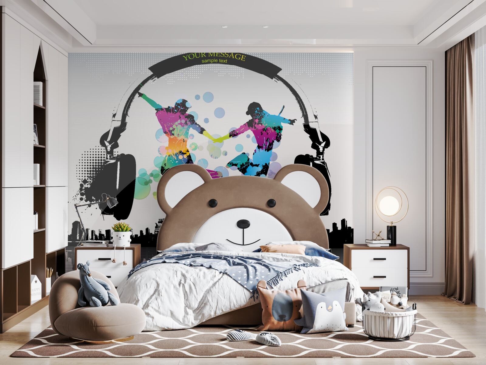 Papier peint deux danseurs sur fond de ville abstraite et d'écouteurs