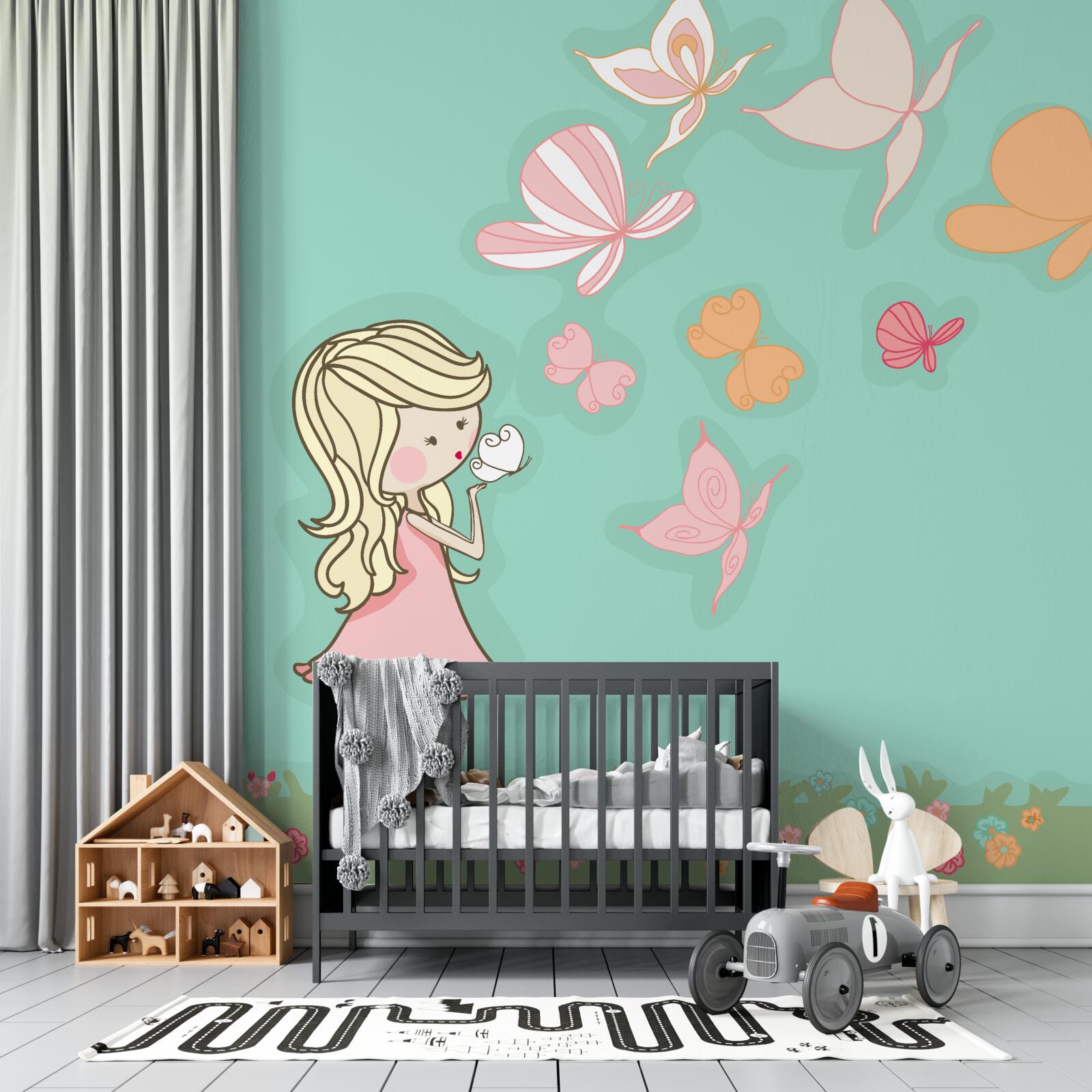 Papier peint une fille admire les papillons