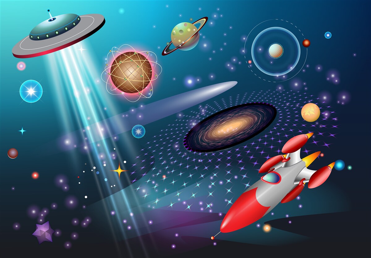 Papier peint parmi les planètes se trouvent une fusée et un ovni