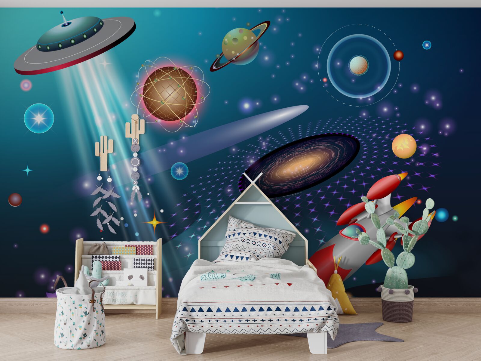 Papier peint parmi les planètes se trouvent une fusée et un ovni