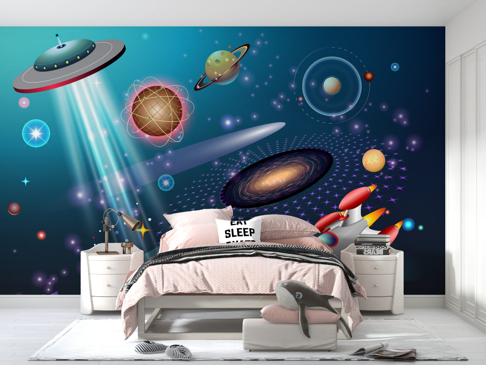 Papier peint parmi les planètes se trouvent une fusée et un ovni