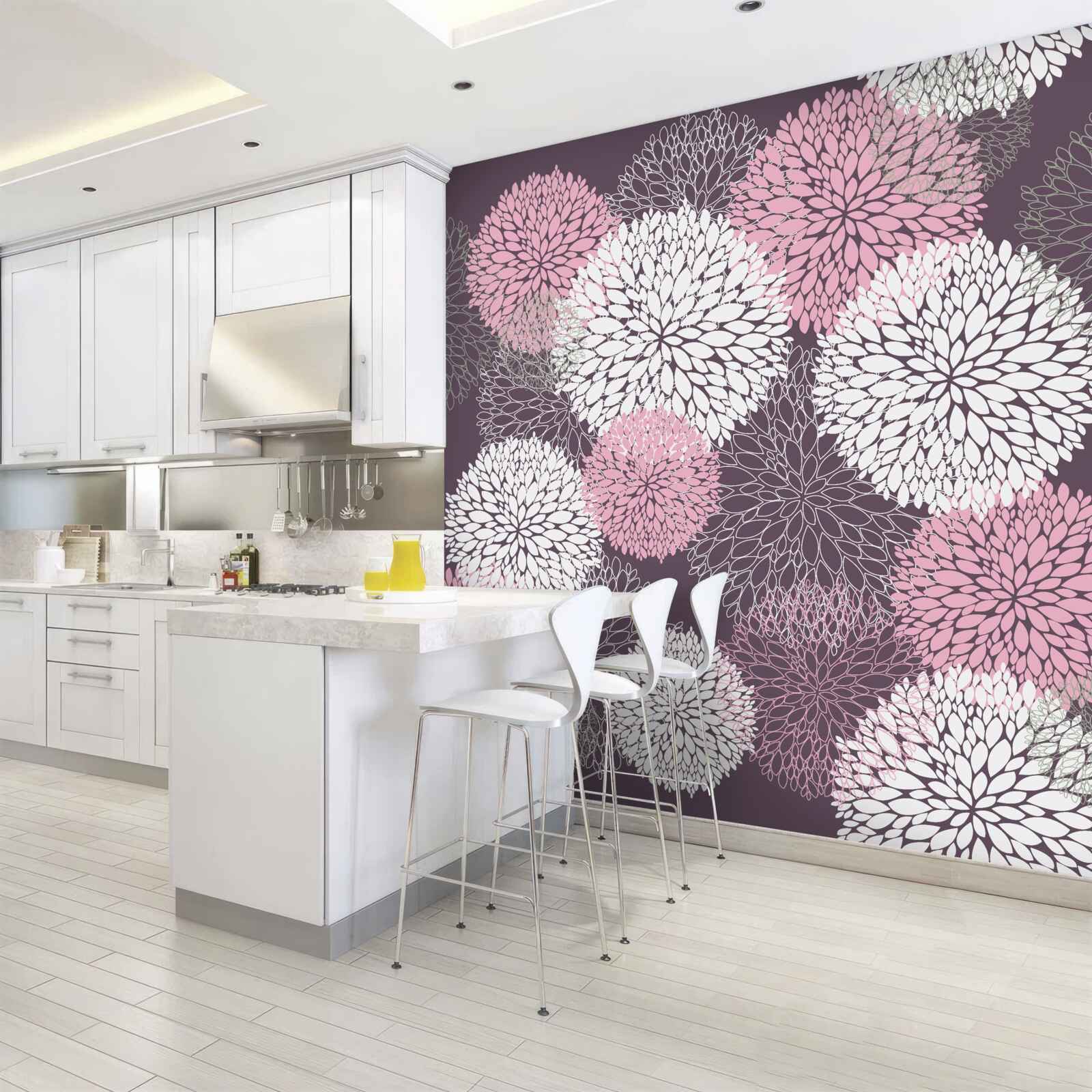 Papier peint Les bourgeons du pissenlit sont de couleur blanche, rose et grise.