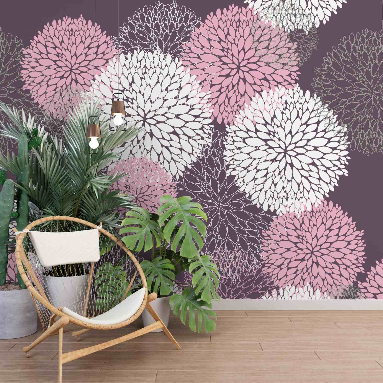 Papier peint Les bourgeons du pissenlit sont de couleur blanche, rose et grise.