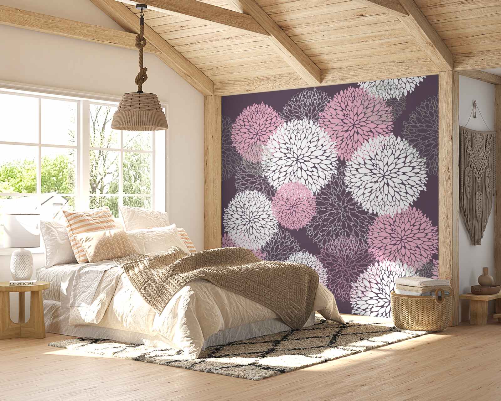 Papier peint Les bourgeons du pissenlit sont de couleur blanche, rose et grise.