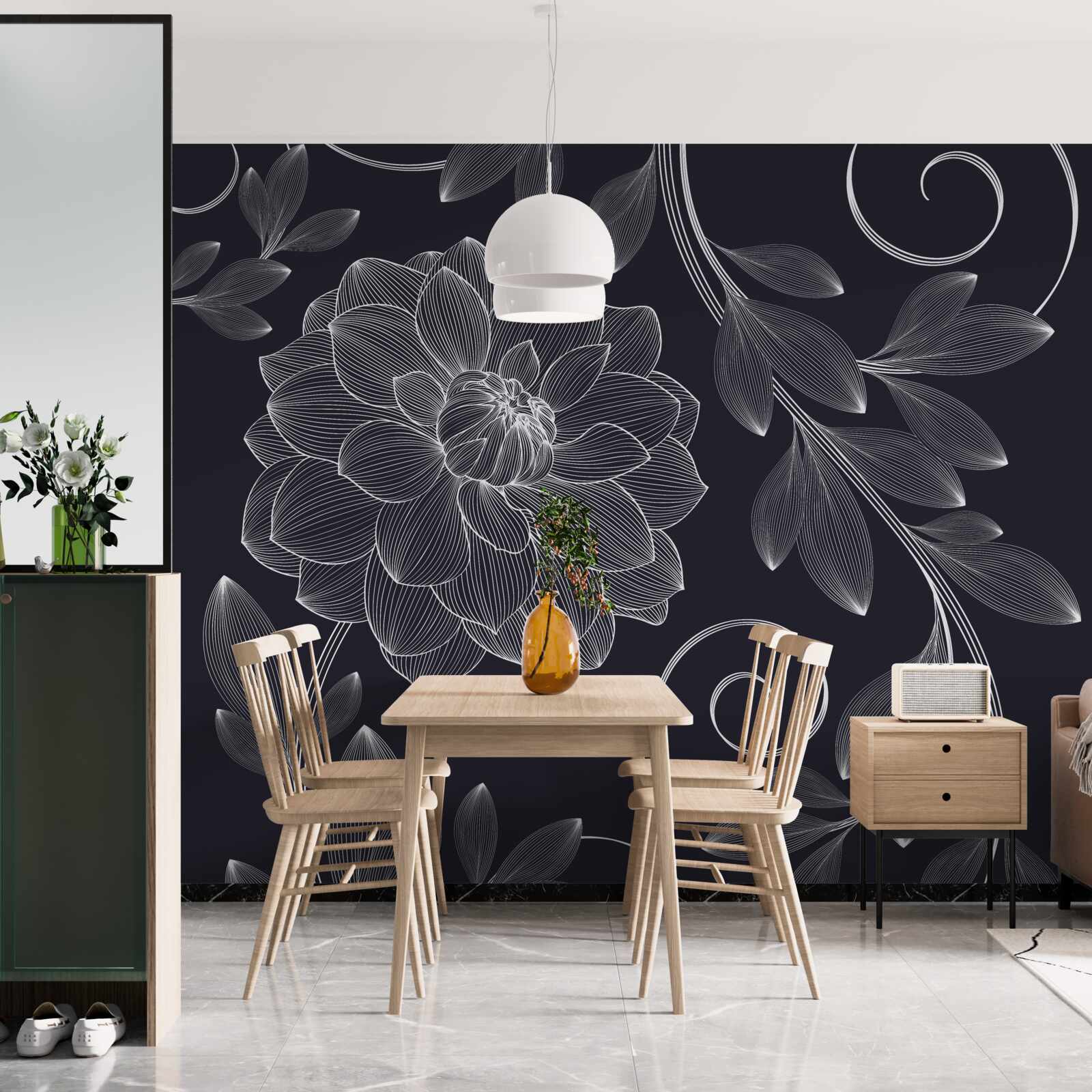 Papier peint bourgeon et feuilles sur fond gris