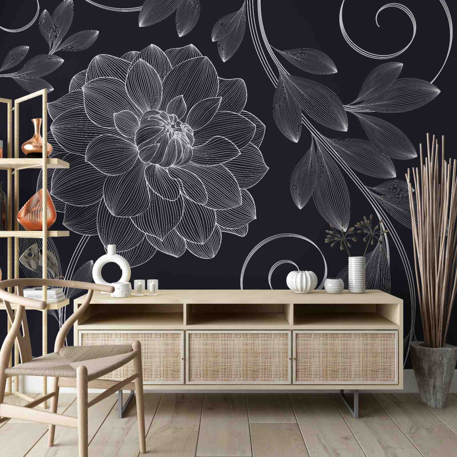 Papier peint bourgeon et feuilles sur fond gris