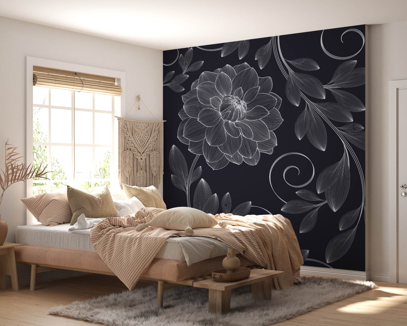 Papier peint bourgeon et feuilles sur fond gris