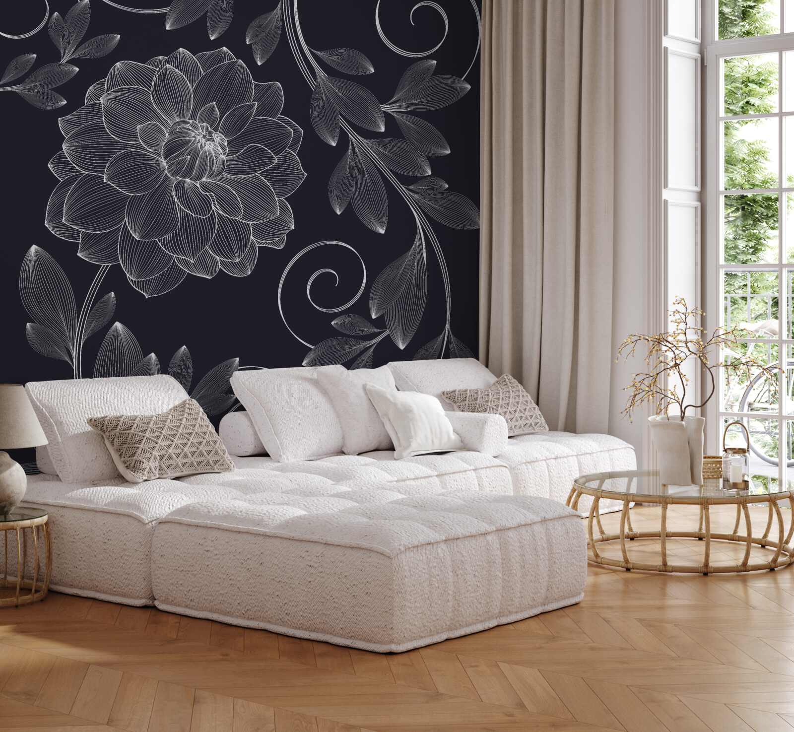 Papier peint bourgeon et feuilles sur fond gris