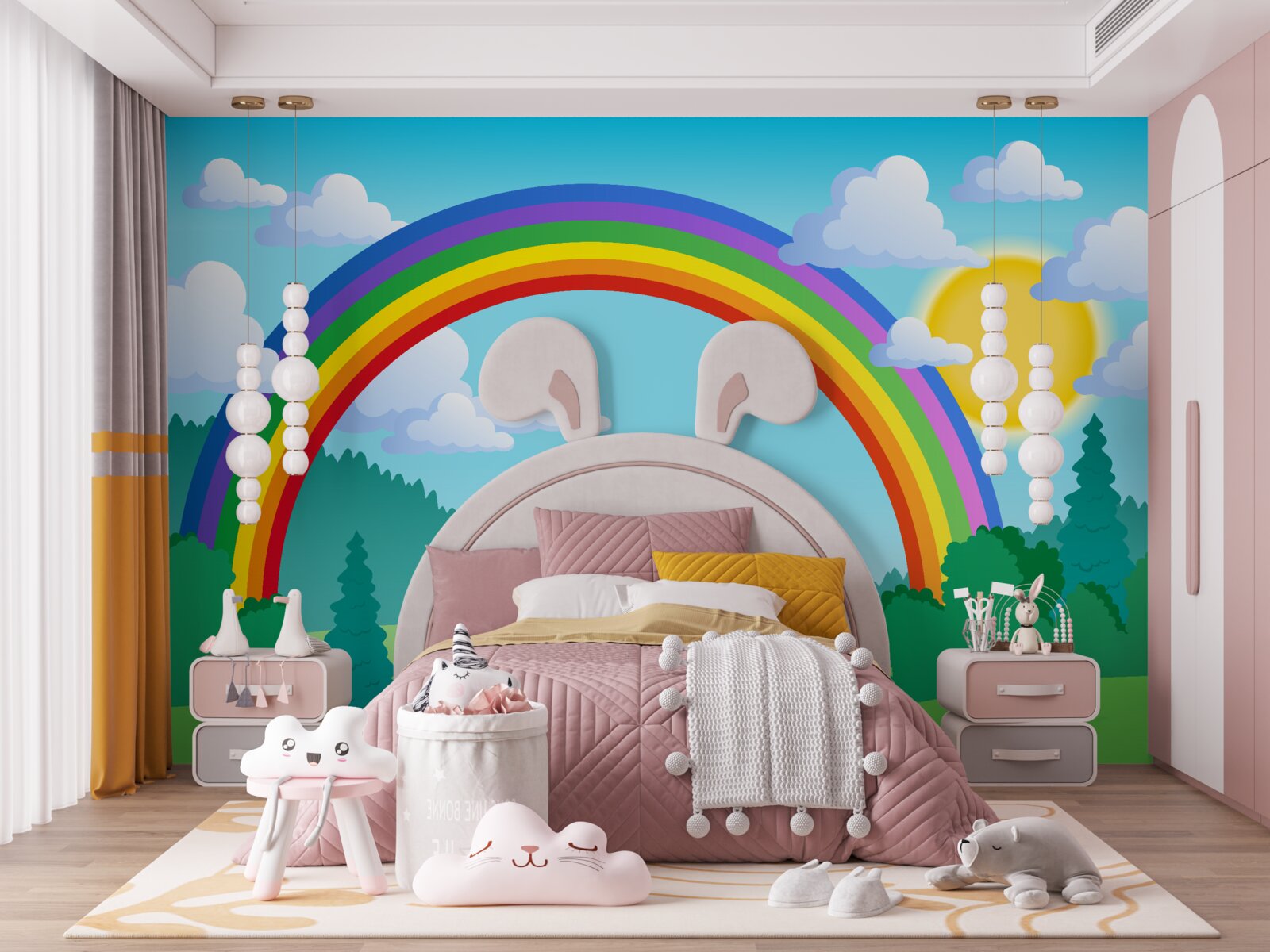 Papier peint un arc-en-ciel lumineux scintille dans une clairière de la forêt