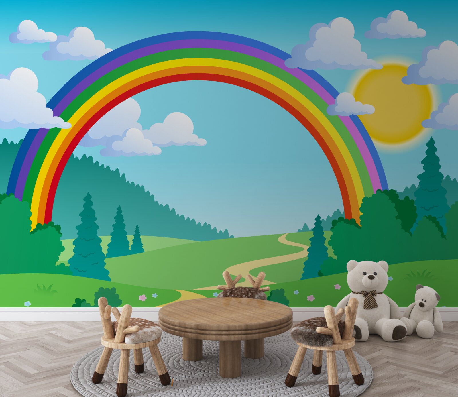 Papier peint un arc-en-ciel lumineux scintille dans une clairière de la forêt