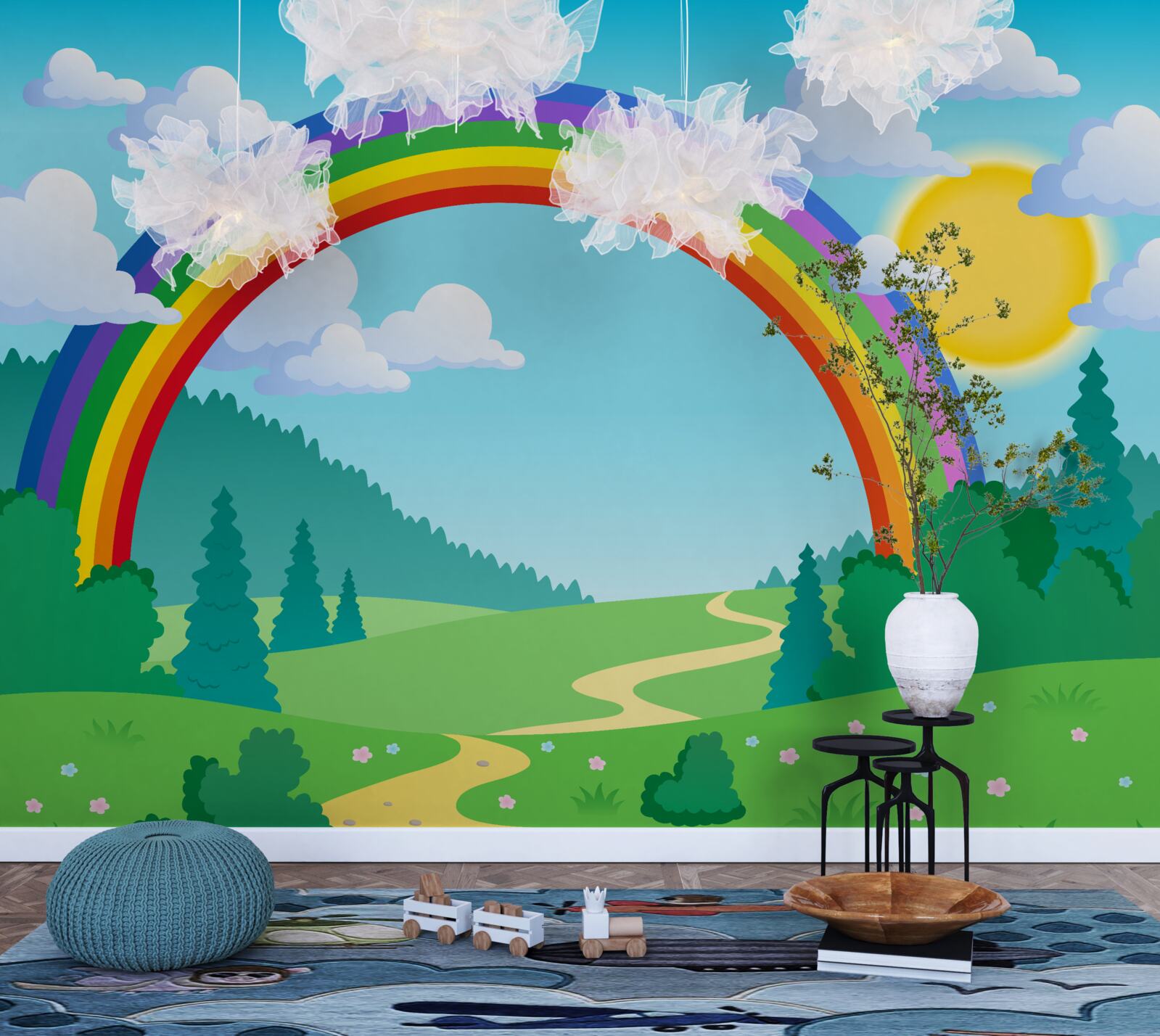 Papier peint un arc-en-ciel lumineux scintille dans une clairière de la forêt