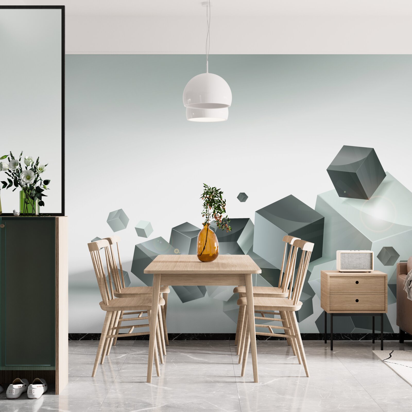 Papier peint des cubes de différentes formes flottant dans l'air