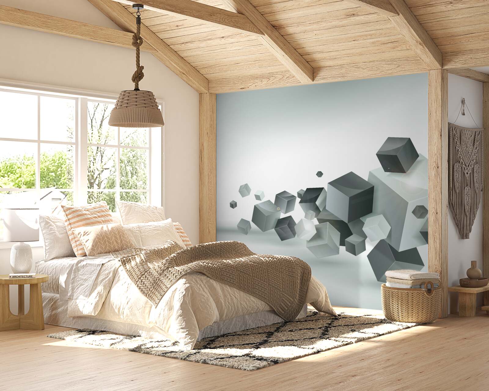 Papier peint des cubes de différentes formes flottant dans l'air