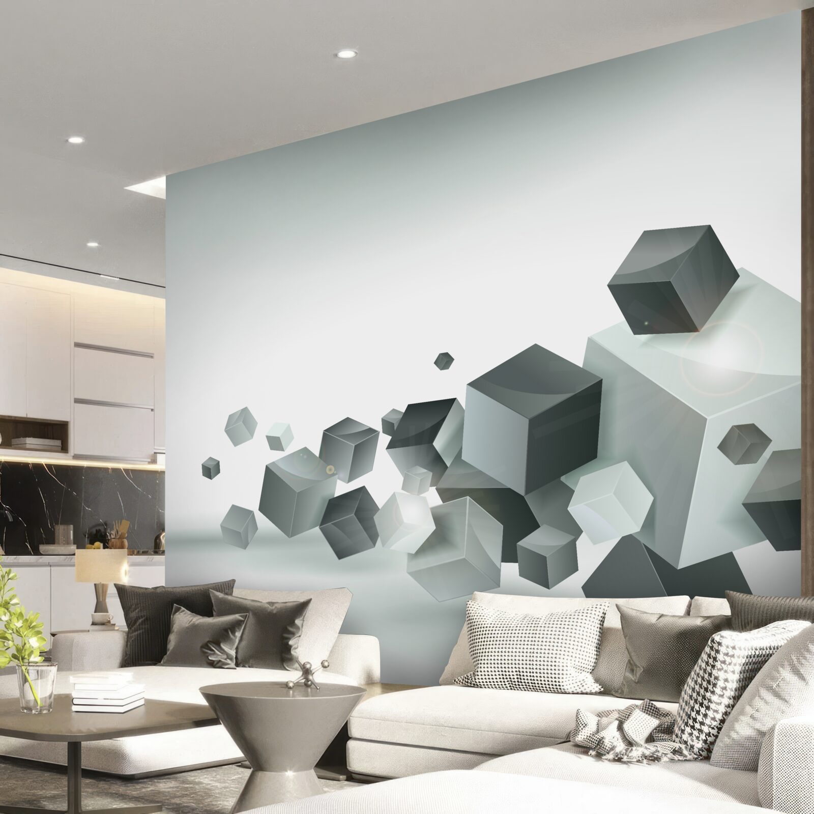 Papier peint des cubes de différentes formes flottant dans l'air