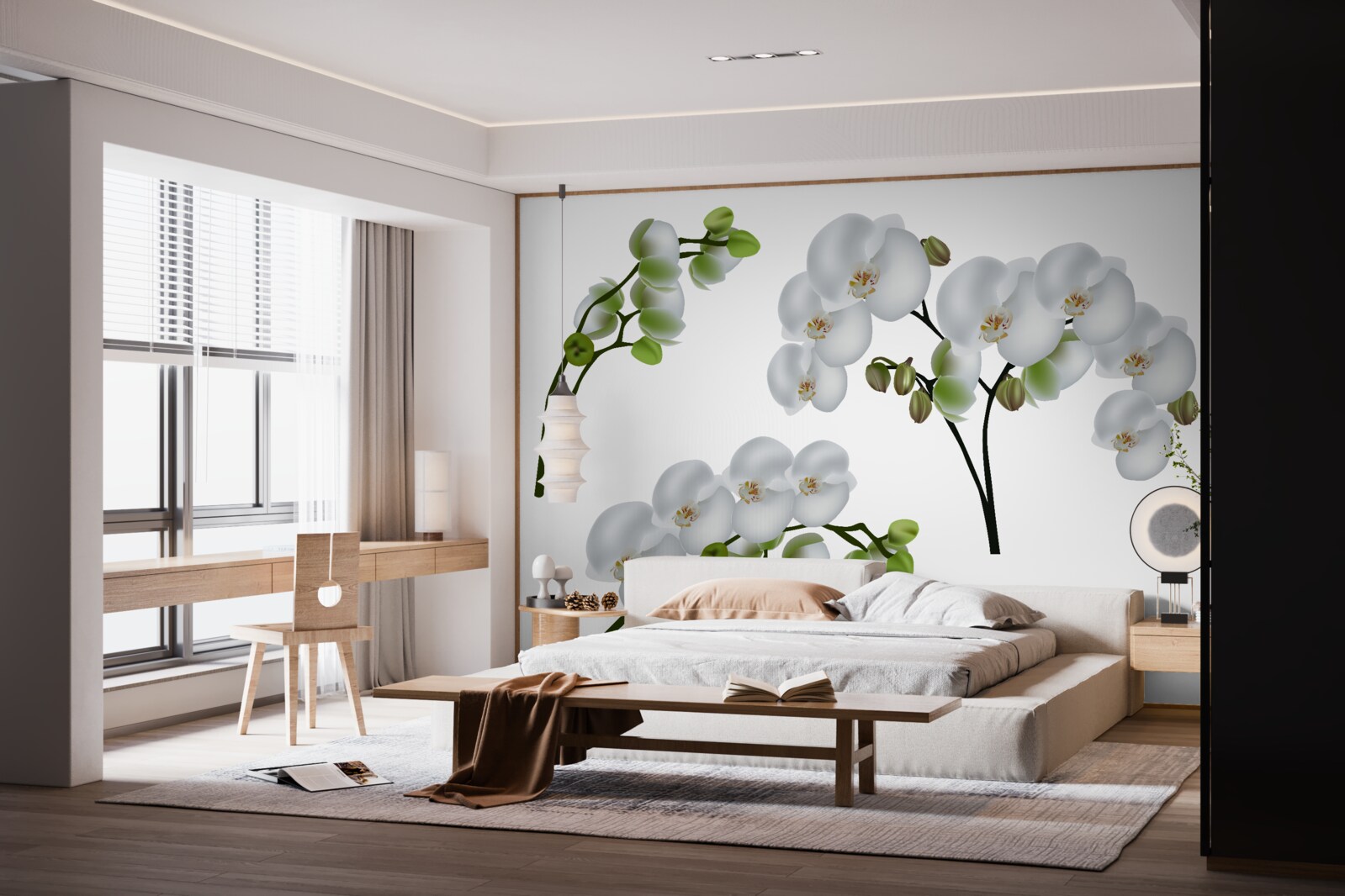 Papier peint orchidée blanche à feuilles vertes