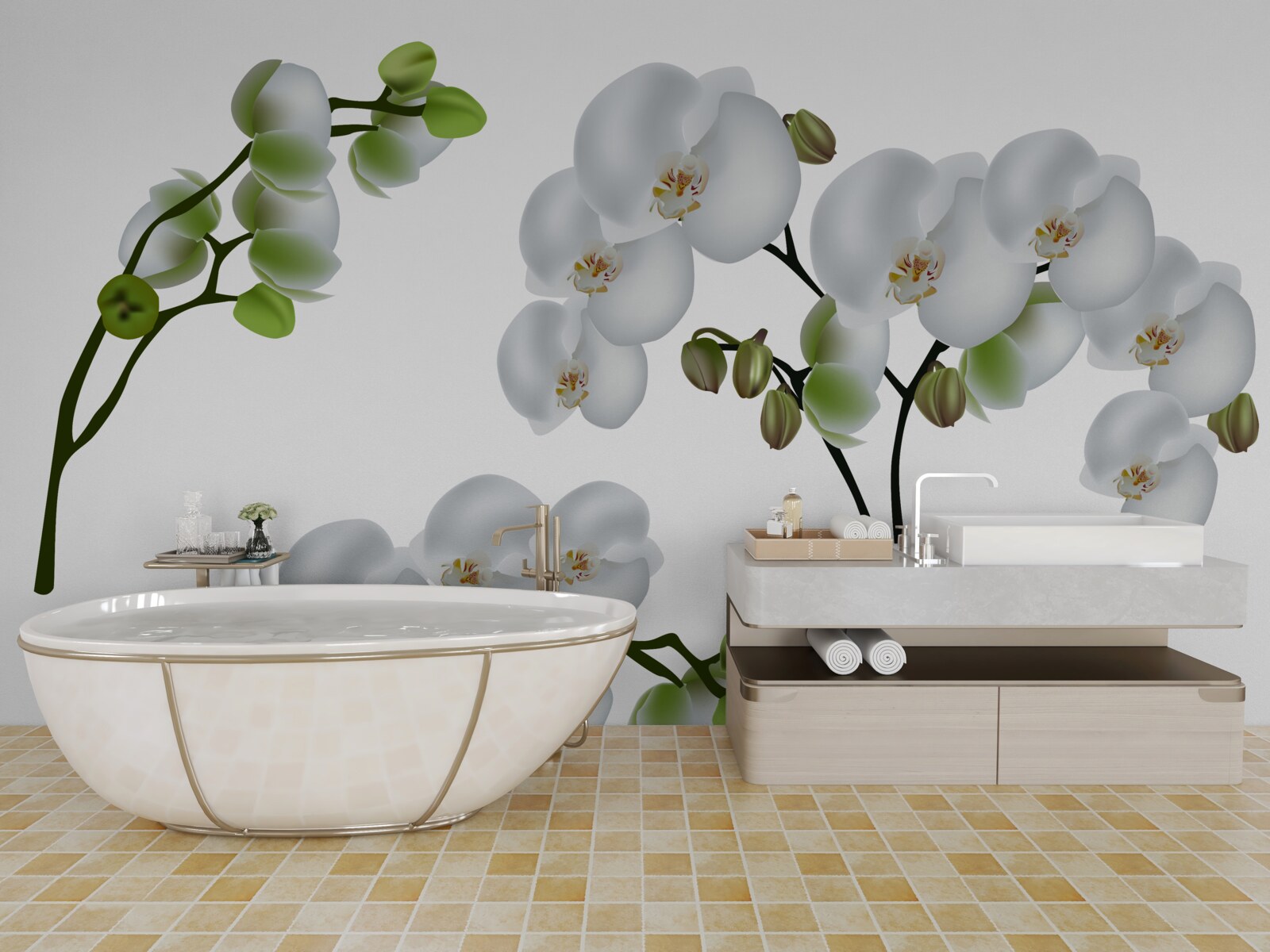 Papier peint orchidée blanche à feuilles vertes