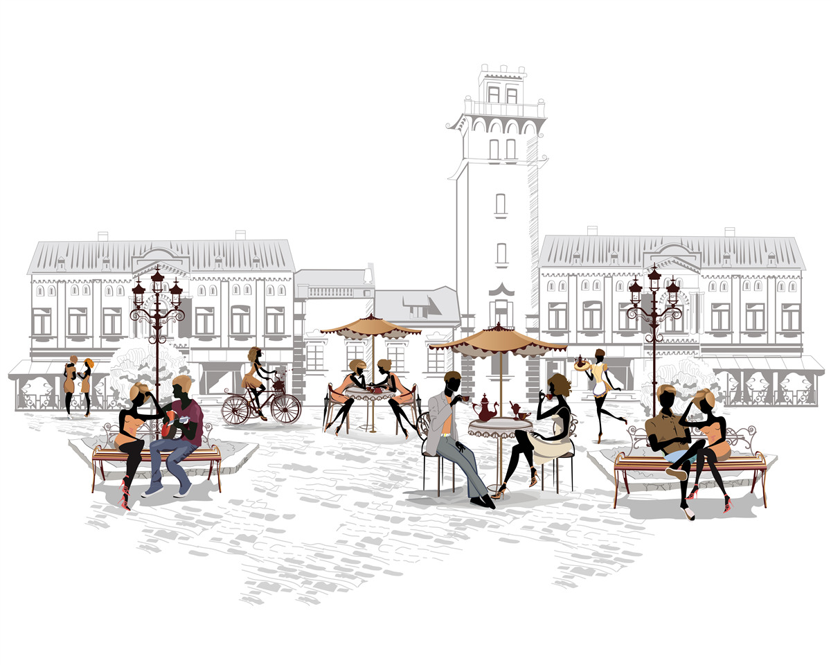 Papier peint personnes dans le centre ville dessinées au crayon