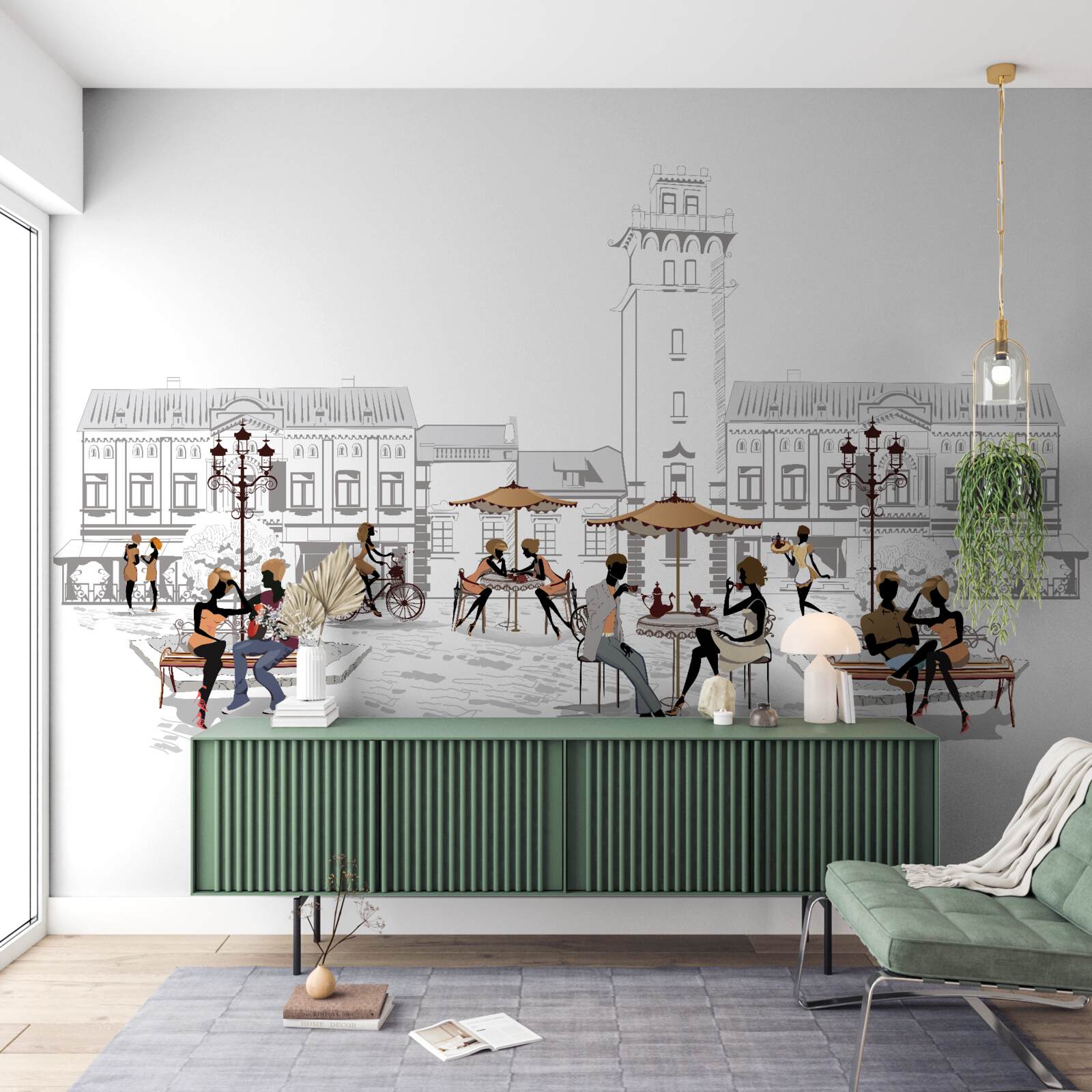 Papier peint personnes dans le centre ville dessinées au crayon