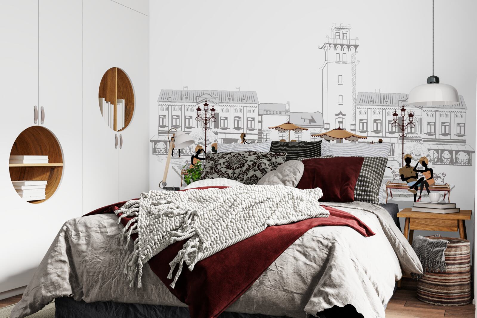 Papier peint personnes dans le centre ville dessinées au crayon