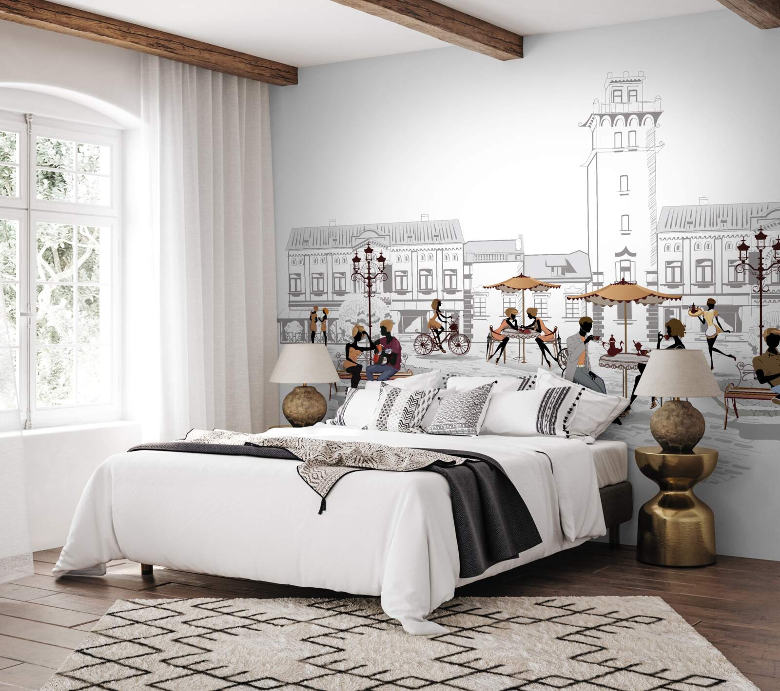 Papier peint personnes dans le centre ville dessinées au crayon